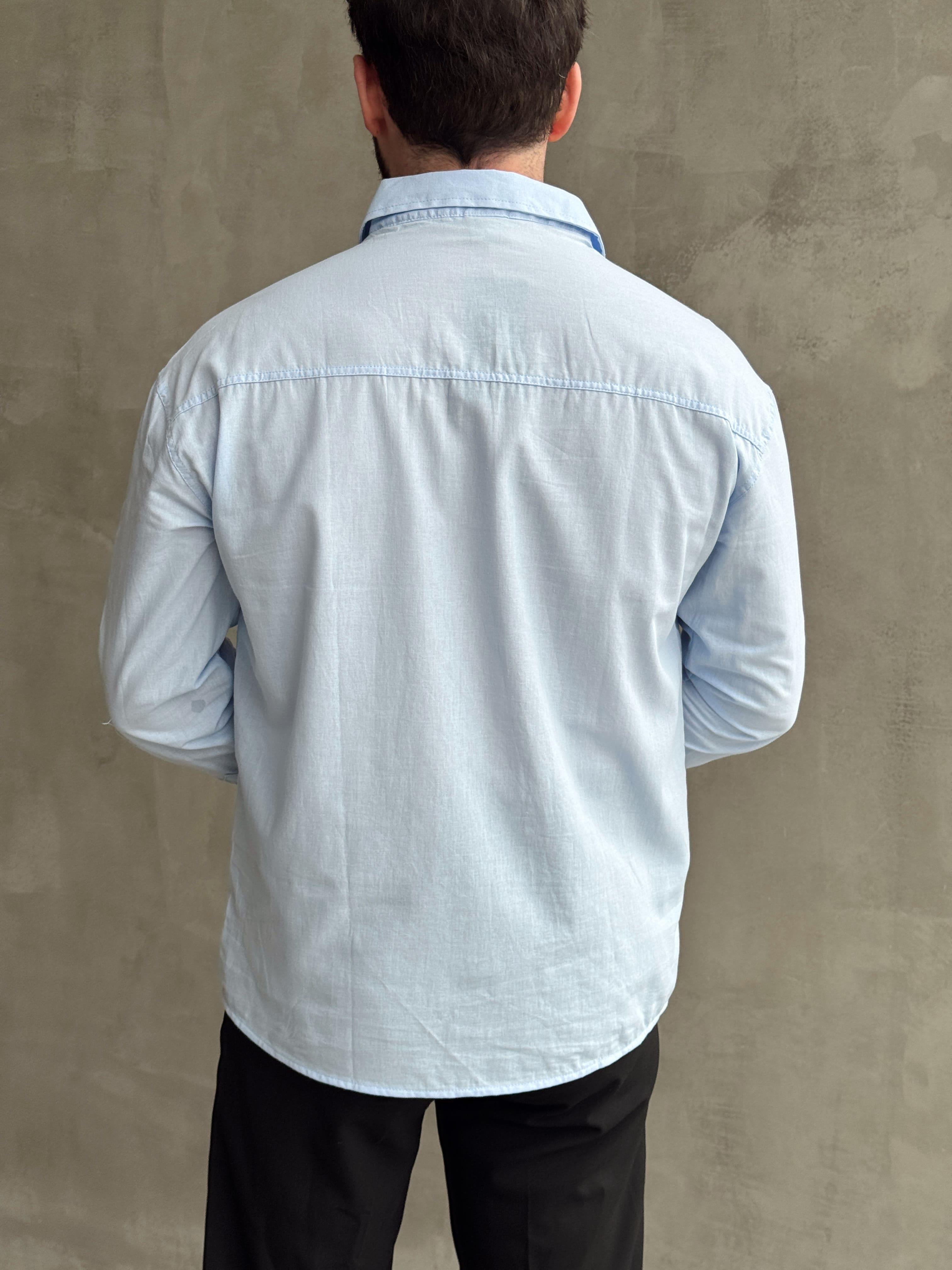 Erkek Elit Kalite Oversize Kalıp Fresh Keten Kumaş Gömlek-Bebe Mavi(E1677)Ketench