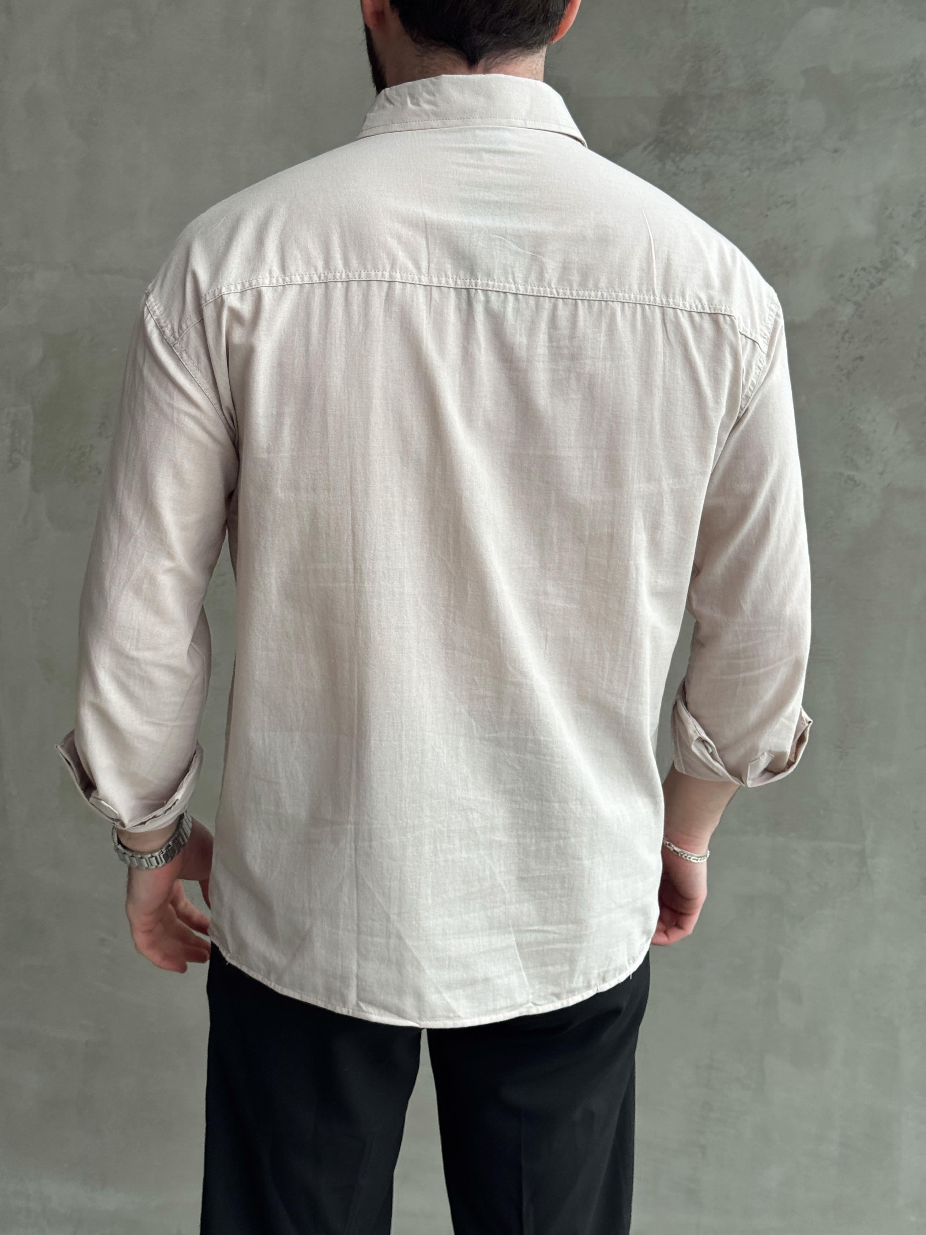Erkek Elit Kalite Oversize Kalıp Fresh Keten Kumaş Gömlek-Bej(E1677)Ketench