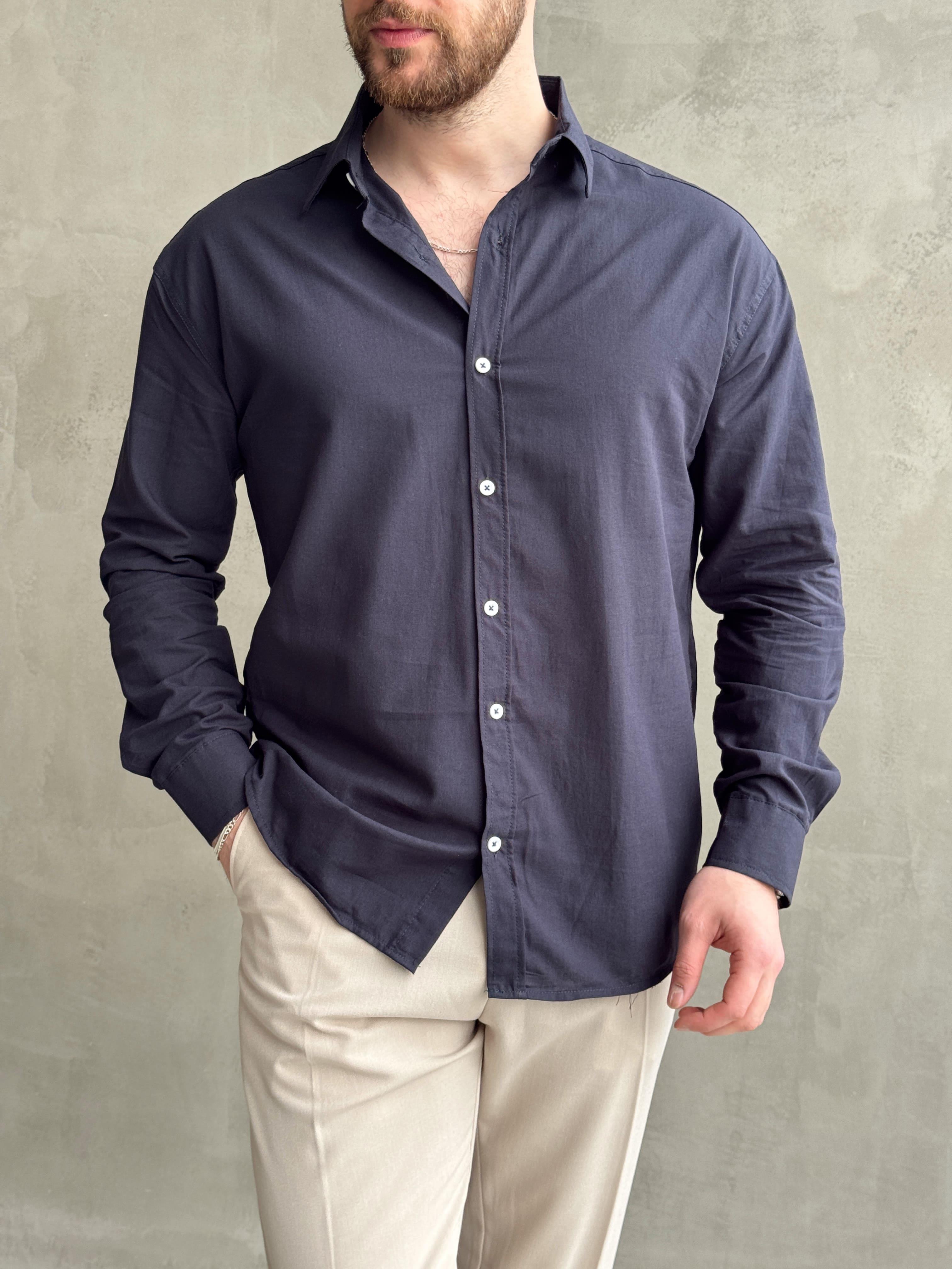 Erkek Elit Kalite Oversize Kalıp Fresh Keten Kumaş Gömlek-Lacivert(E1677)Ketench