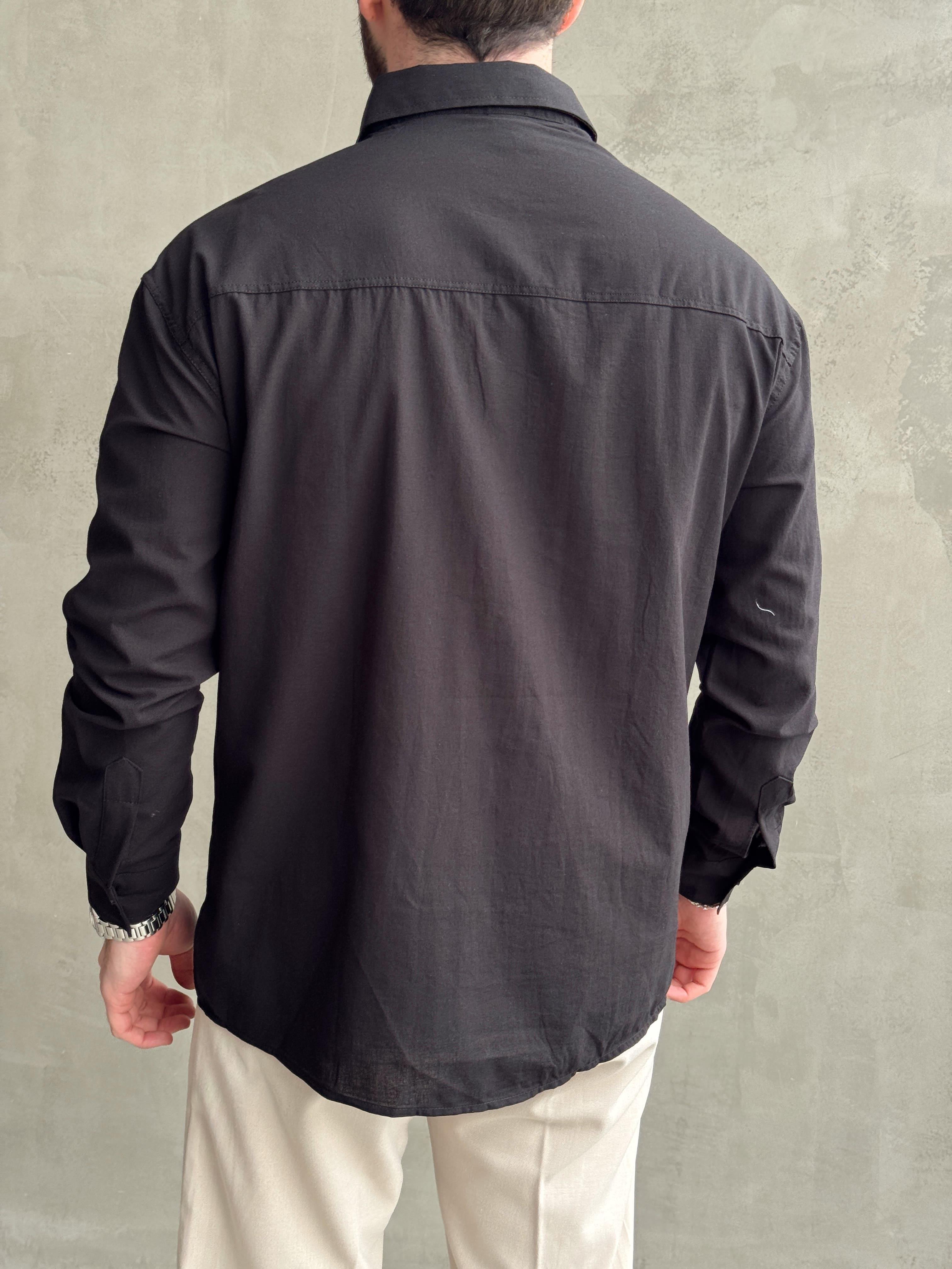 Erkek Elit Kalite Oversize Kalıp Fresh Keten Kumaş Gömlek-Siyah(E1677)Ketench