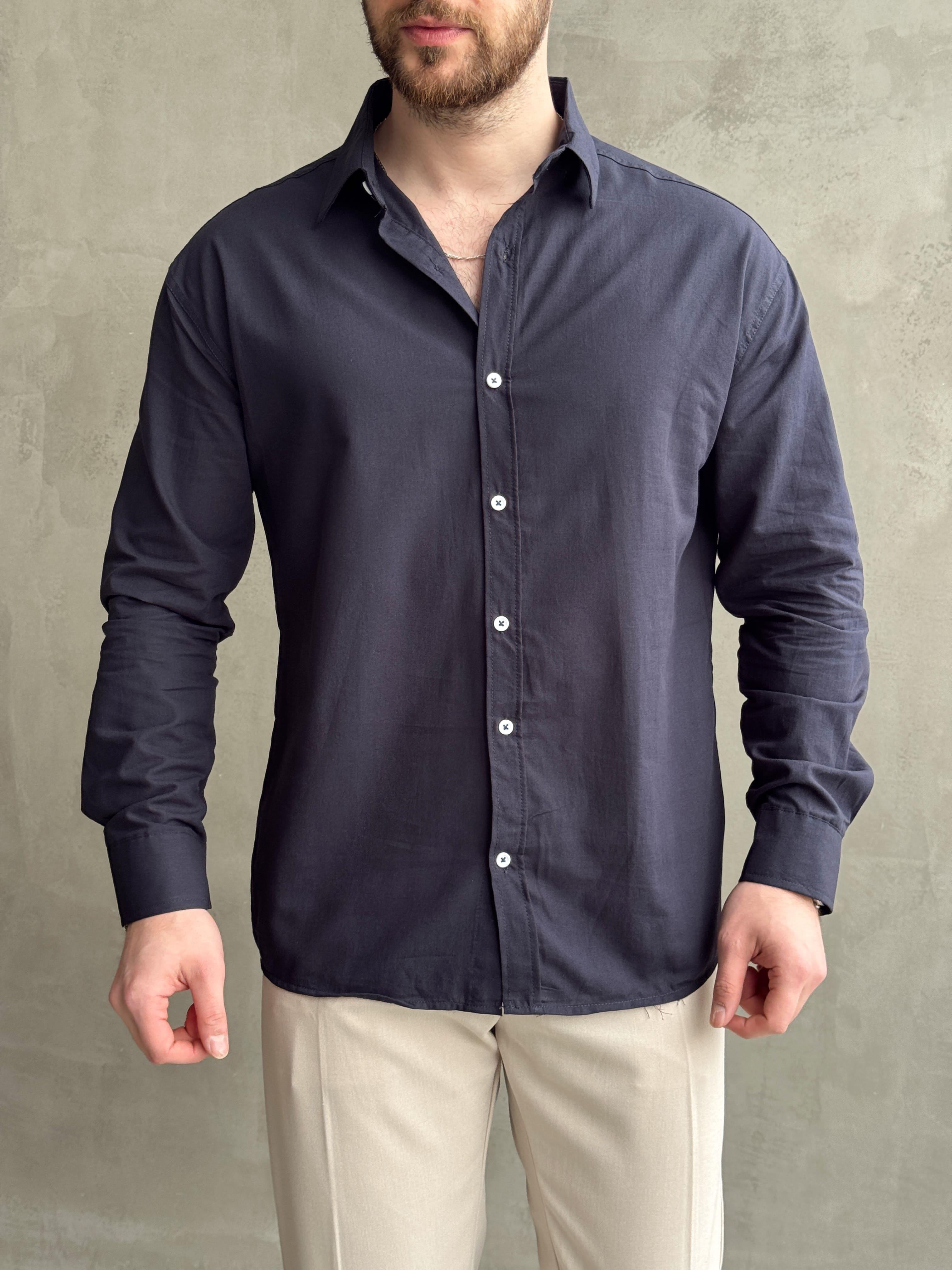 Erkek Elit Kalite Oversize Kalıp Fresh Keten Kumaş Gömlek-Lacivert(E1677)Ketench