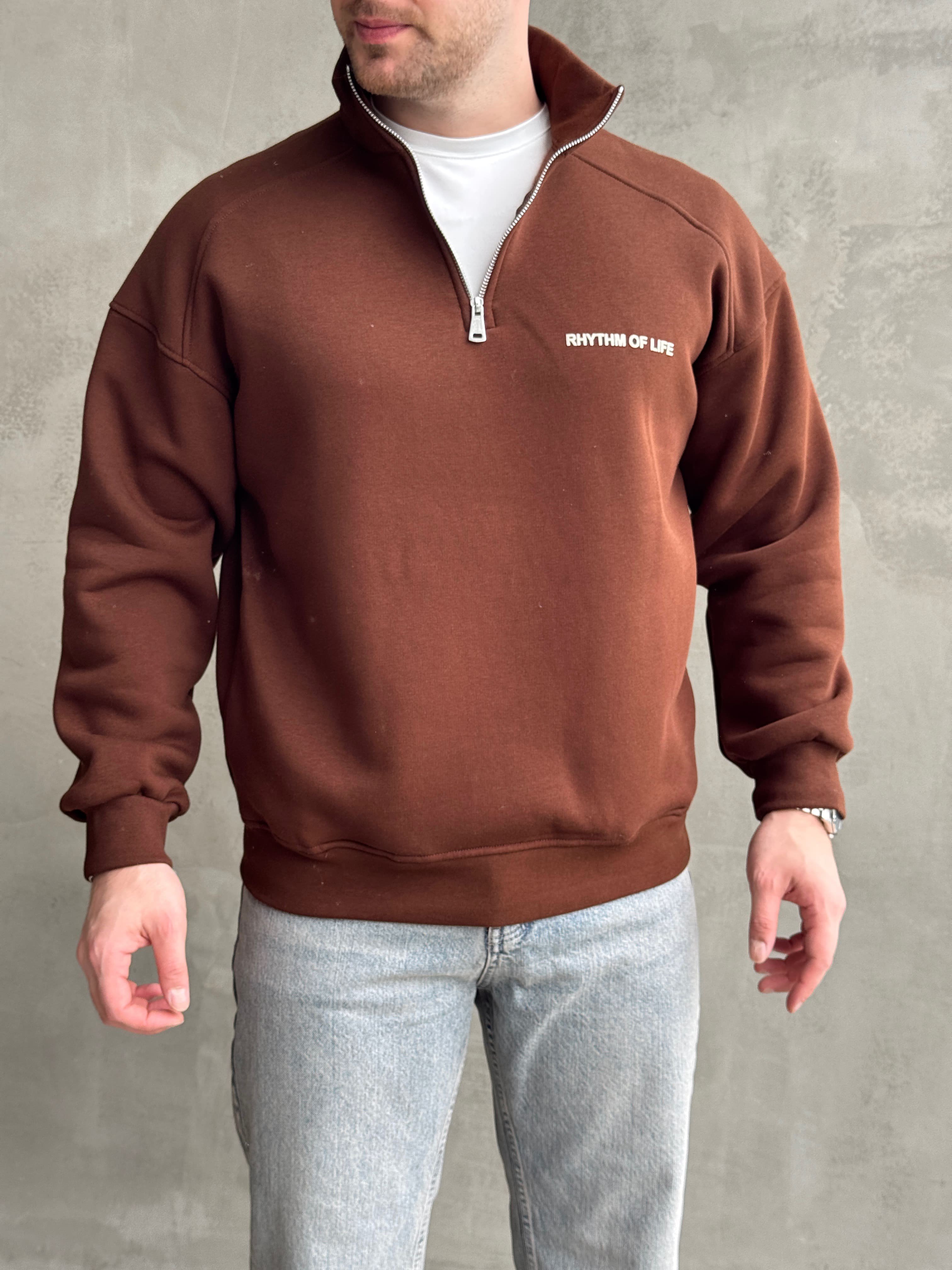 Erkek Elit Kalite Oversize Kalıp Gizli Cep Detaylı Yarım Fermuarlı Dik Yaka 3 İplik Şardonlu Sweat-Kahverengi(E1888)Ketench