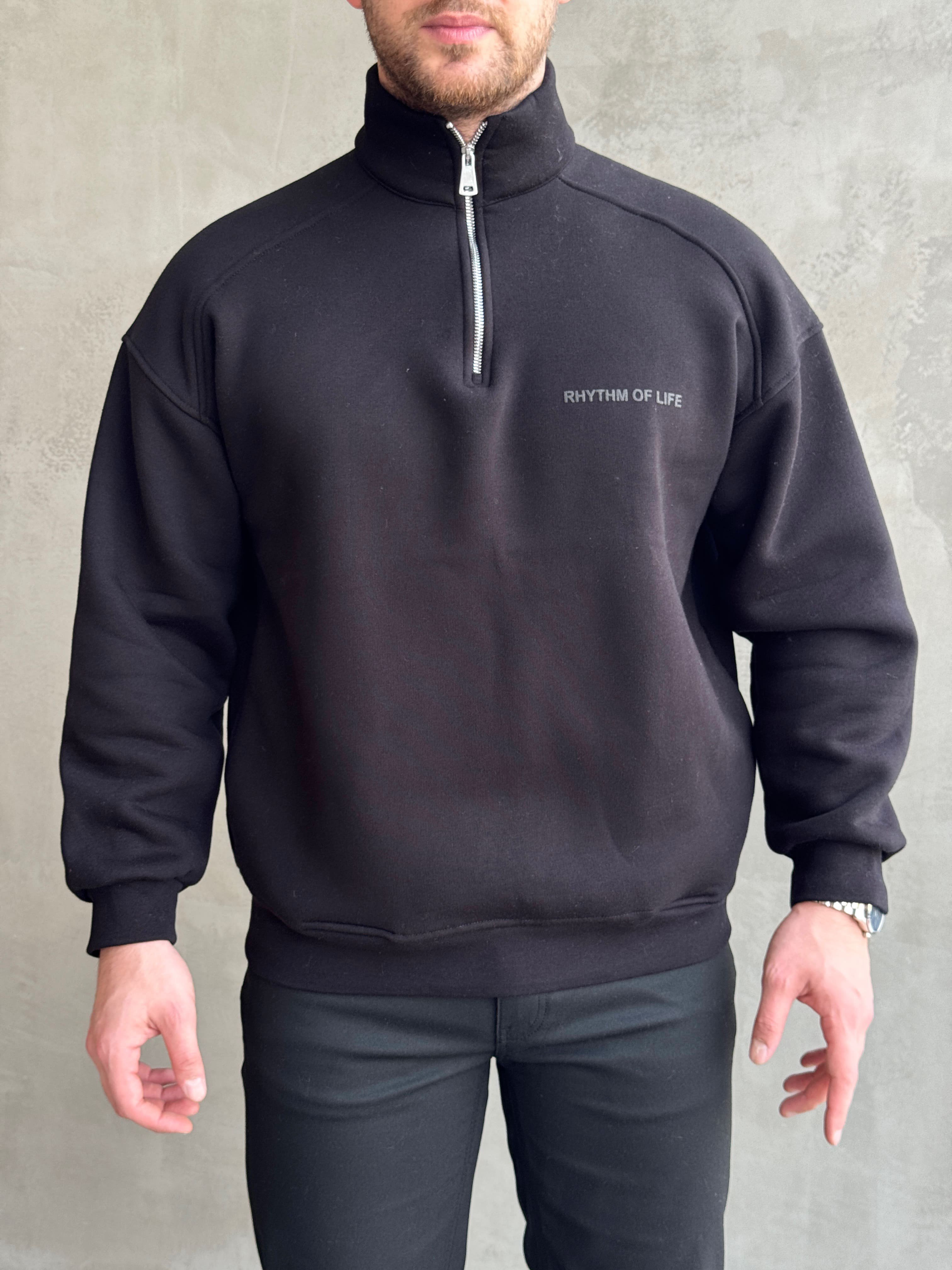 Erkek Elit Kalite Oversize Kalıp Gizli Cep Detaylı Yarım Fermuarlı Dik Yaka 3 İplik Şardonlu Sweat-Siyah(E1888)Ketench