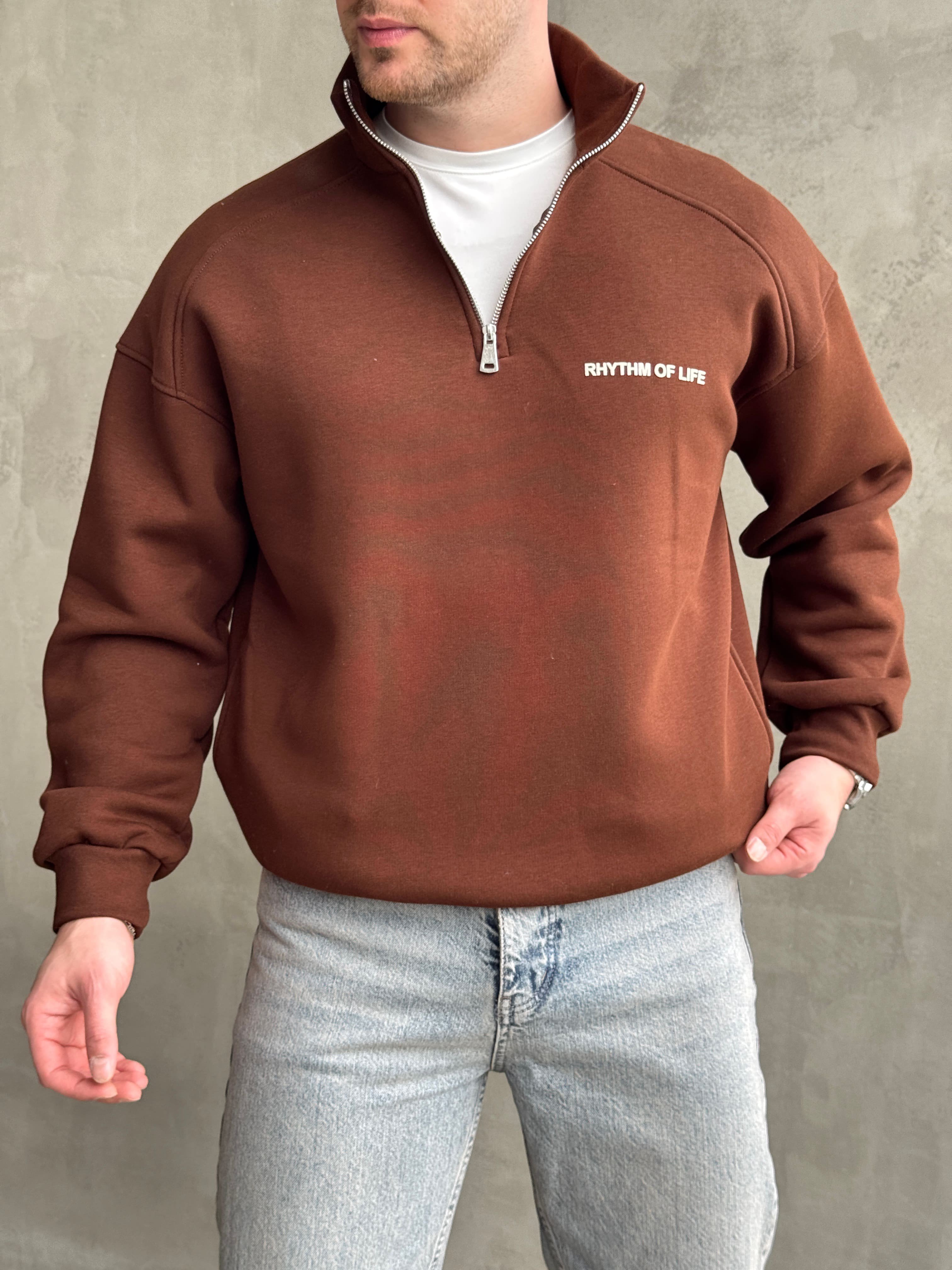 Erkek Elit Kalite Oversize Kalıp Gizli Cep Detaylı Yarım Fermuarlı Dik Yaka 3 İplik Şardonlu Sweat-Kahverengi(E1888)Ketench