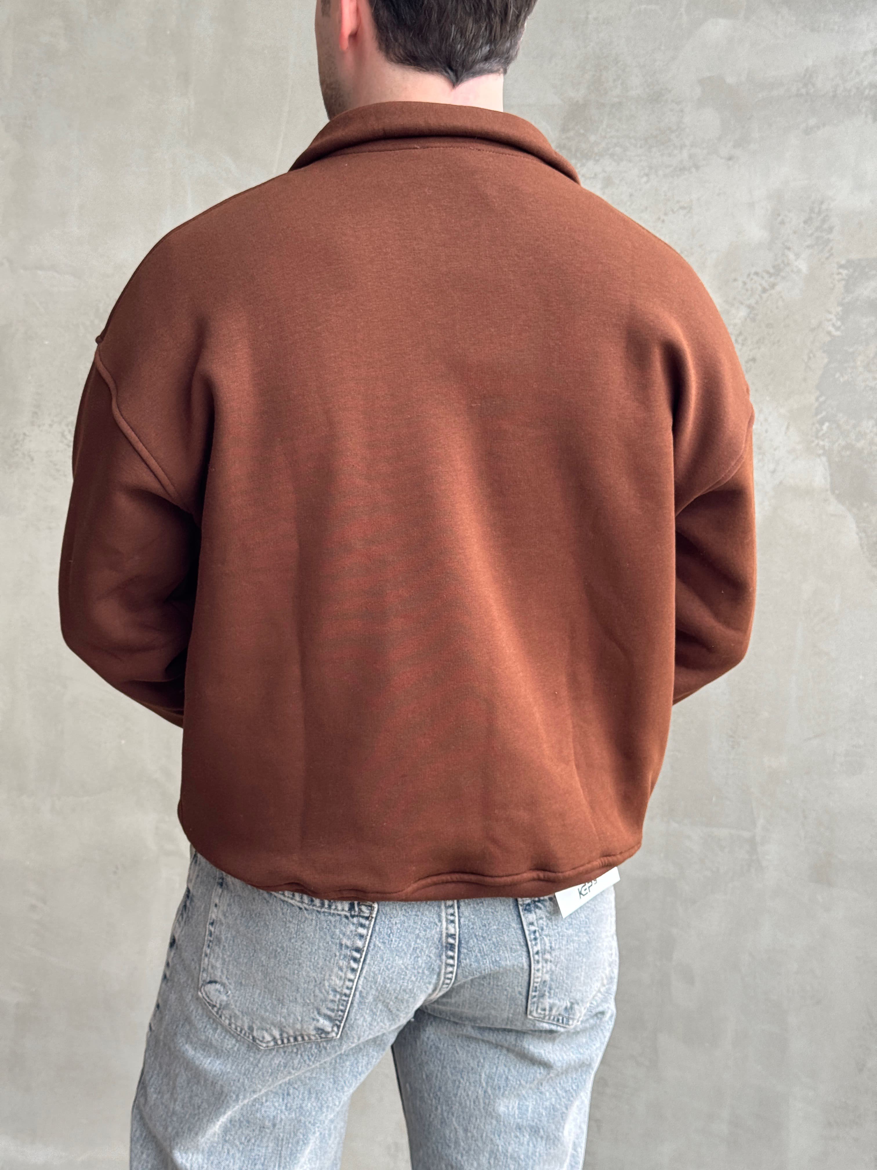 Erkek Elit Kalite Oversize Kalıp Gizli Cep Detaylı Yarım Fermuarlı Dik Yaka 3 İplik Şardonlu Sweat-Kahverengi(E1888)Ketench