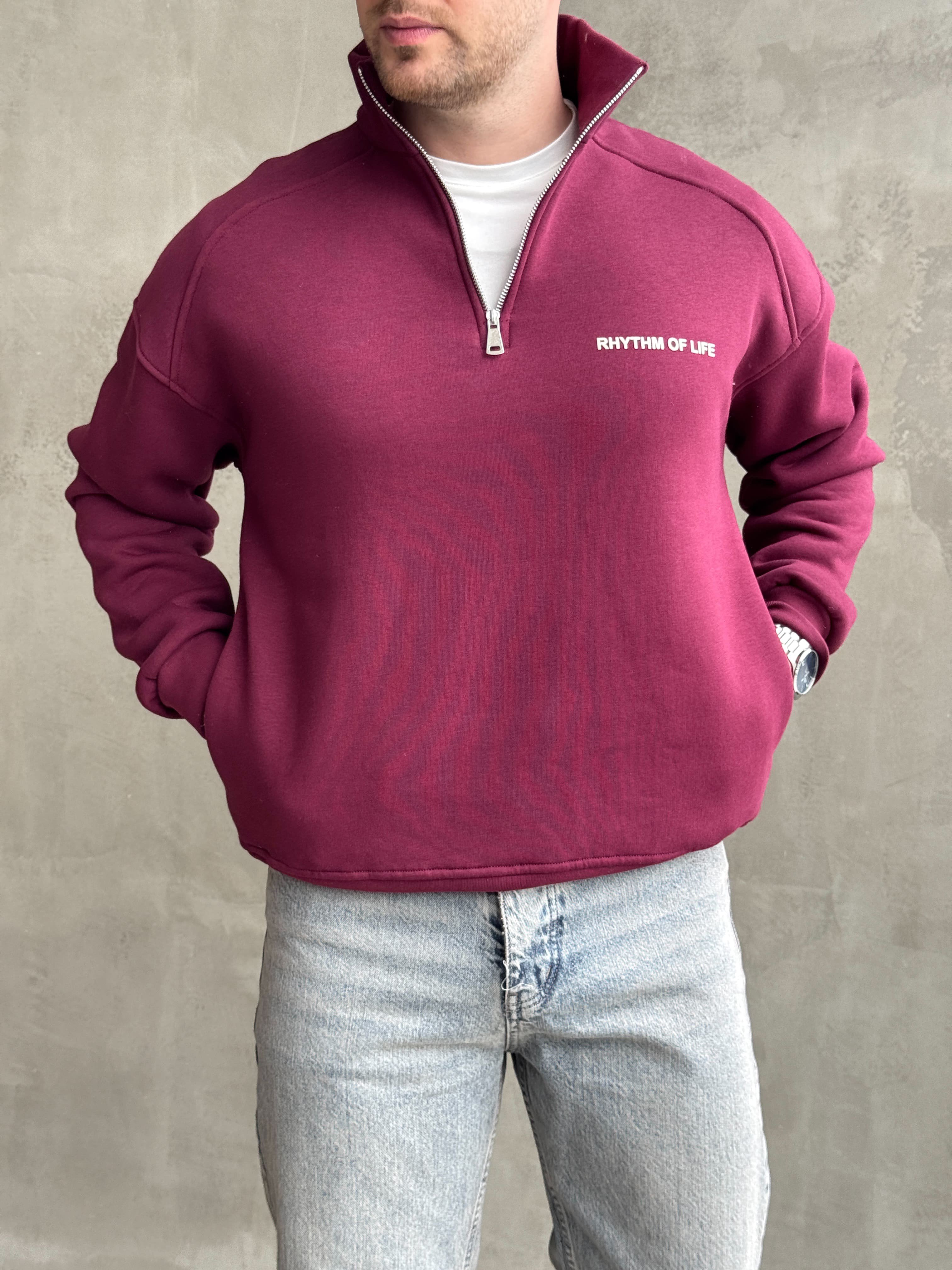 Erkek Elit Kalite Oversize Kalıp Gizli Cep Detaylı Yarım Fermuarlı Dik Yaka 3 İplik Şardonlu Sweat-Bordo(E1888)Ketench