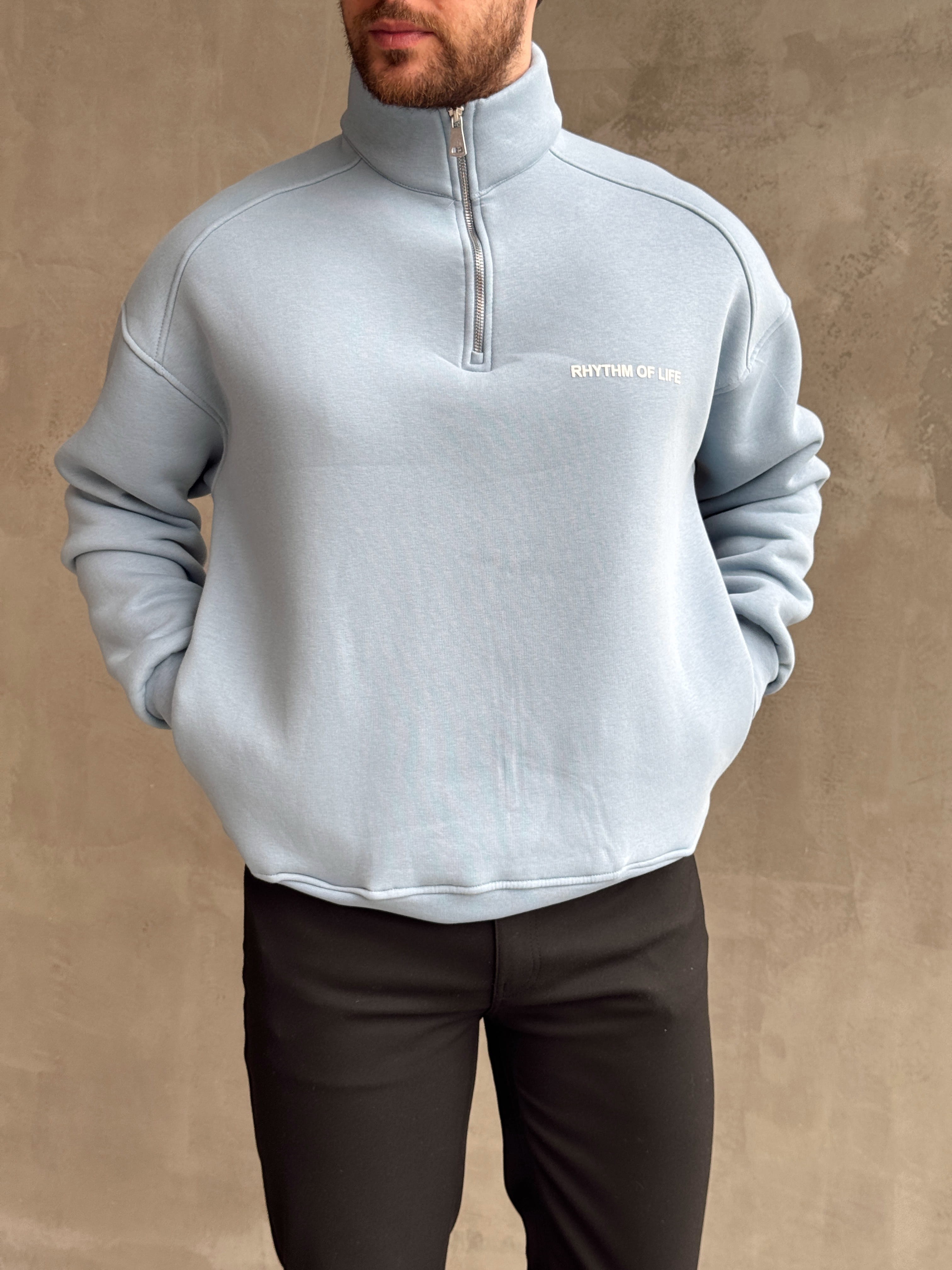 Erkek Elit Kalite Oversize Kalıp Gizli Cep Detaylı Yarım Fermuarlı Dik Yaka 3 İplik Şardonlu Sweat-Bebe Mavi(E1888)Ketench