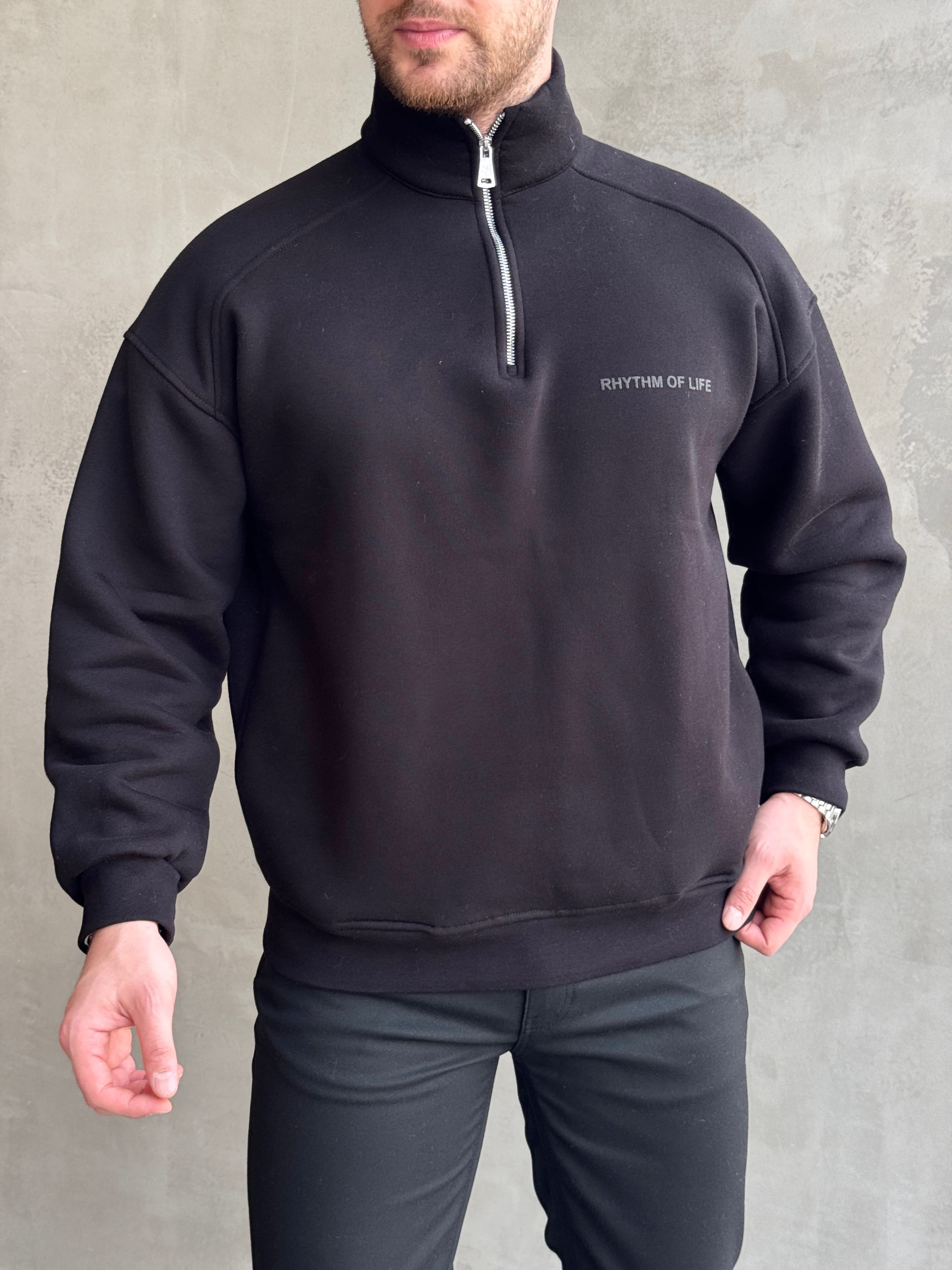 Erkek Elit Kalite Oversize Kalıp Gizli Cep Detaylı Yarım Fermuarlı Dik Yaka 3 İplik Şardonlu Sweat-Siyah(E1888)Ketench