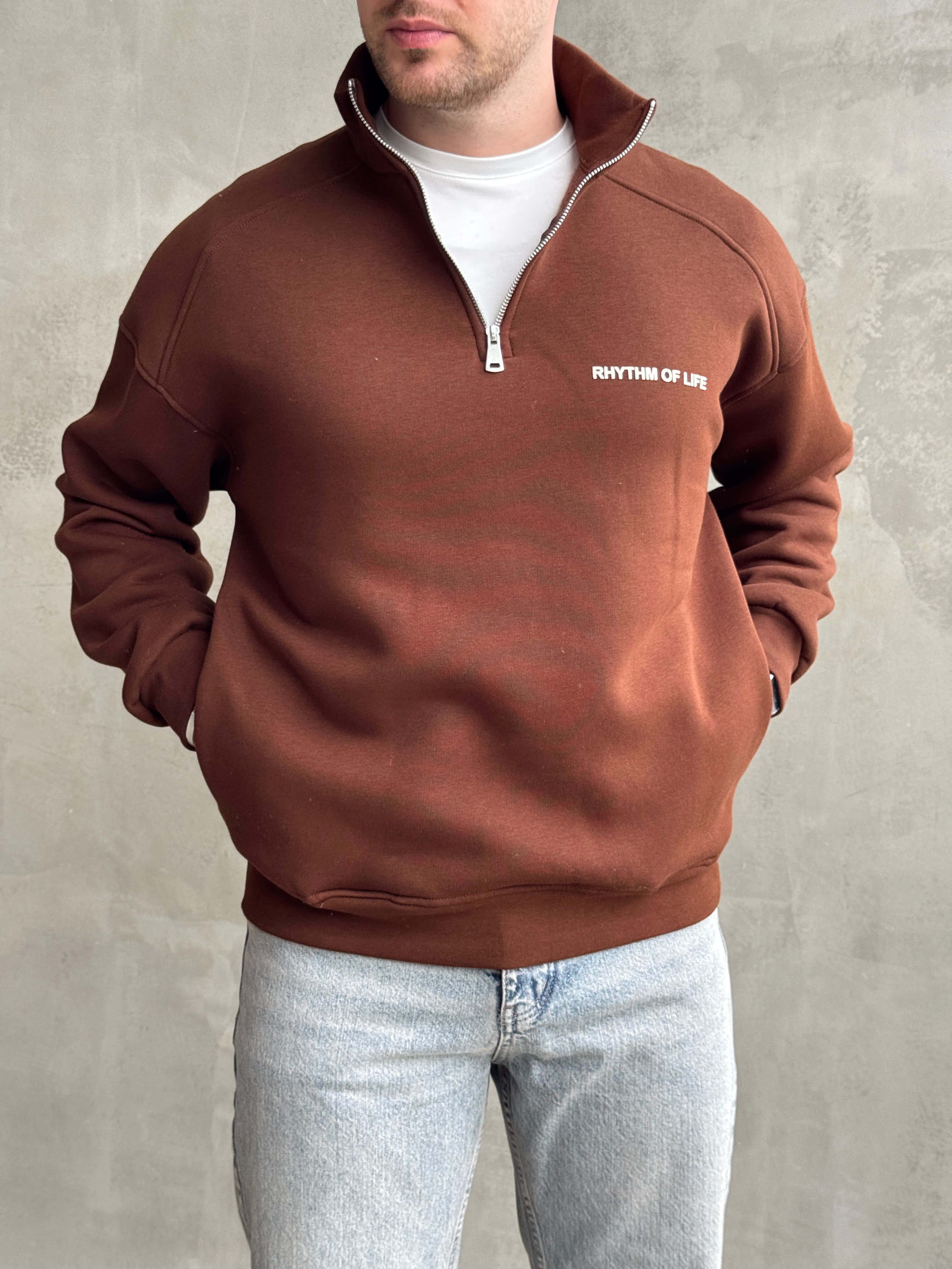 Erkek Elit Kalite Oversize Kalıp Gizli Cep Detaylı Yarım Fermuarlı Dik Yaka 3 İplik Şardonlu Sweat-Kahverengi(E1888)Ketench