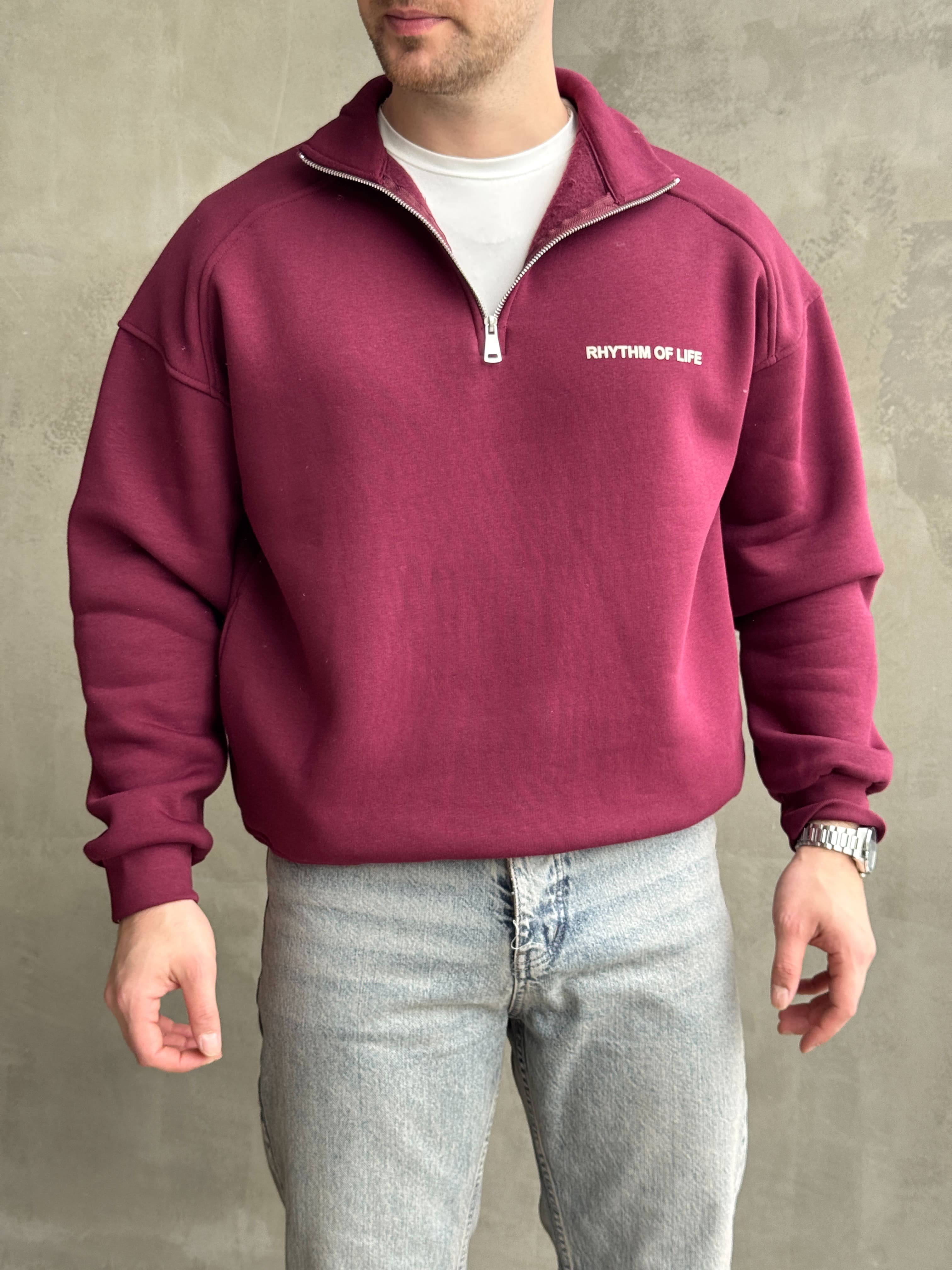 Erkek Elit Kalite Oversize Kalıp Gizli Cep Detaylı Yarım Fermuarlı Dik Yaka 3 İplik Şardonlu Sweat-Bordo(E1888)Ketench