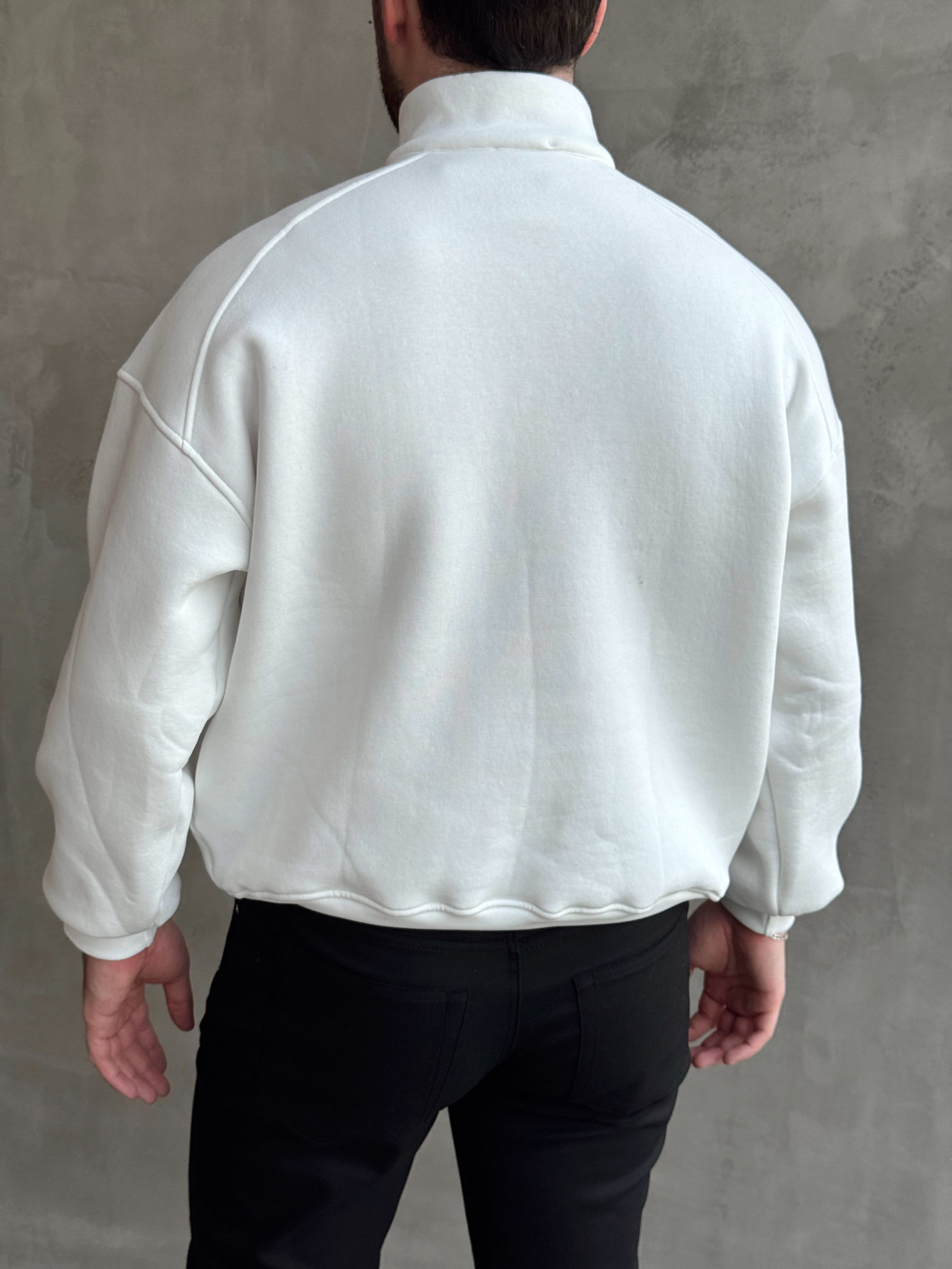 Erkek Elit Kalite Oversize Kalıp Gizli Cep Detaylı Yarım Fermuarlı Dik Yaka 3 İplik Şardonlu Sweat-Beyaz(E1888)Ketench
