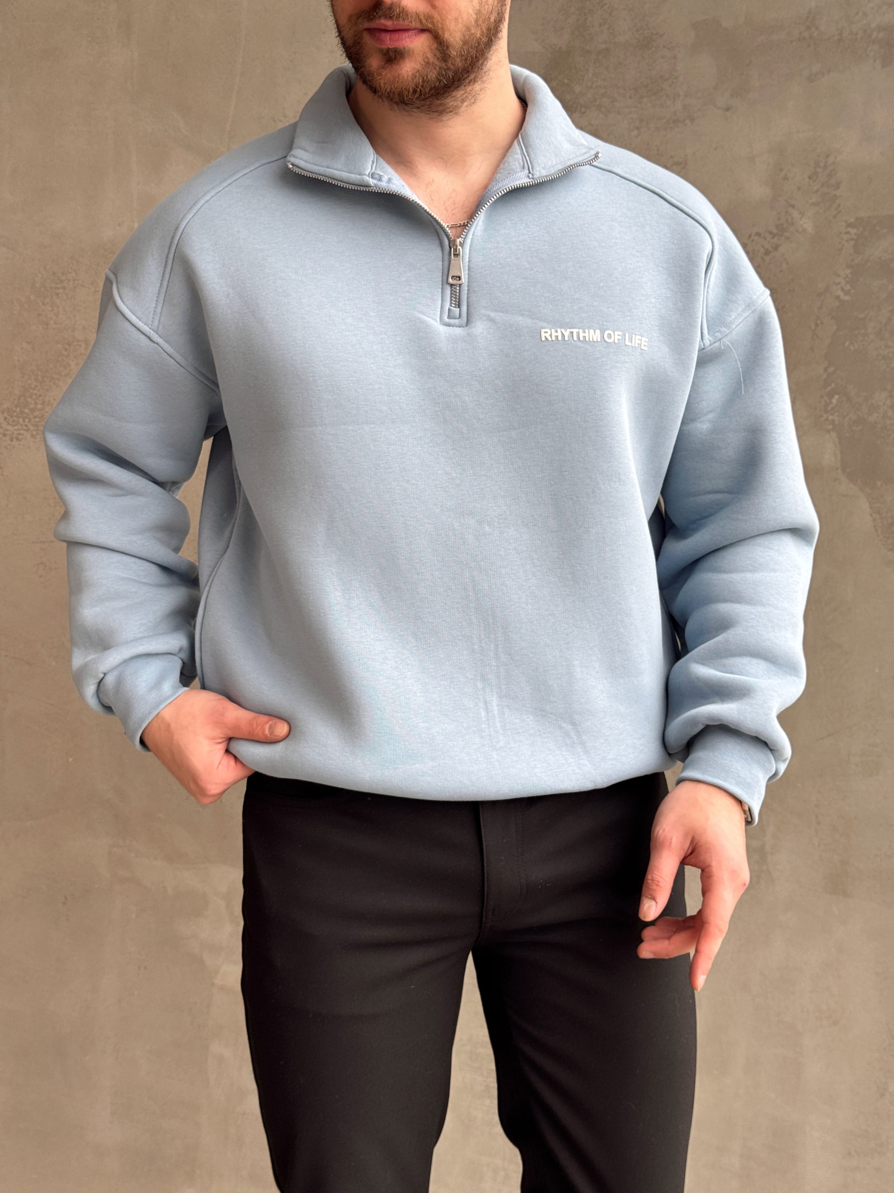 Erkek Elit Kalite Oversize Kalıp Gizli Cep Detaylı Yarım Fermuarlı Dik Yaka 3 İplik Şardonlu Sweat-Bebe Mavi(E1888)Ketench