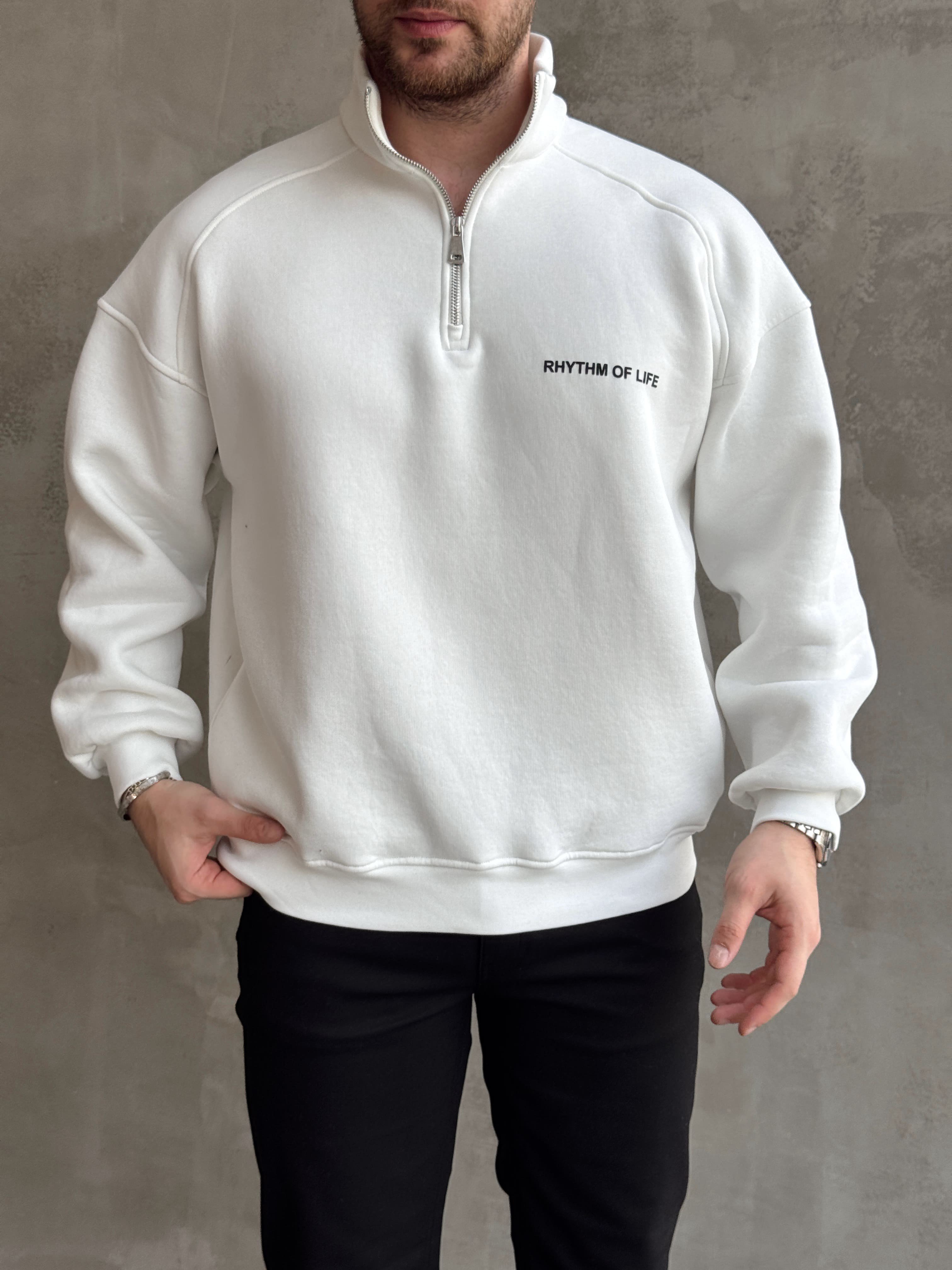 Erkek Elit Kalite Oversize Kalıp Gizli Cep Detaylı Yarım Fermuarlı Dik Yaka 3 İplik Şardonlu Sweat-Beyaz(E1888)Ketench