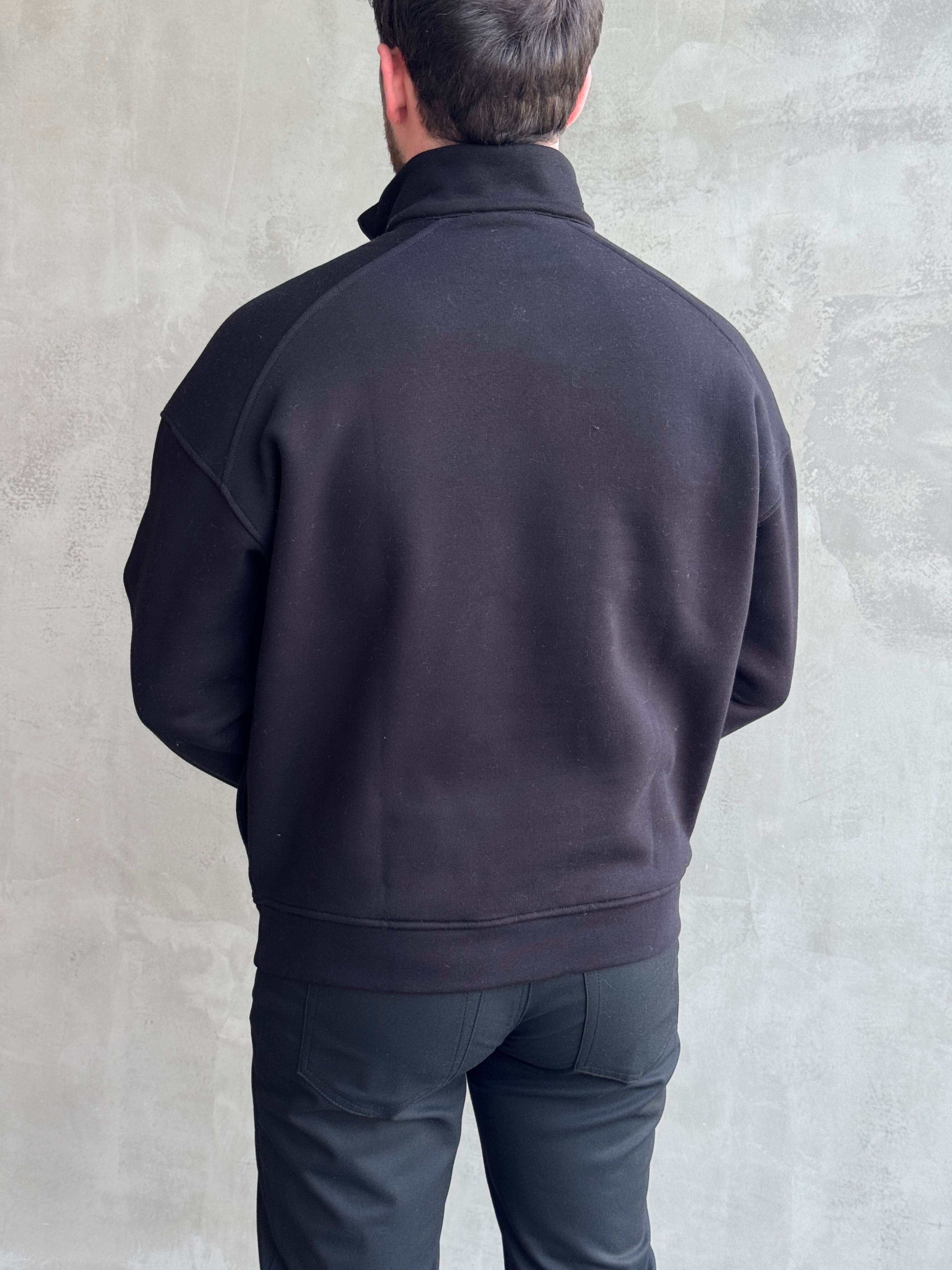 Erkek Elit Kalite Oversize Kalıp Gizli Cep Detaylı Yarım Fermuarlı Dik Yaka 3 İplik Şardonlu Sweat-Siyah(E1888)Ketench