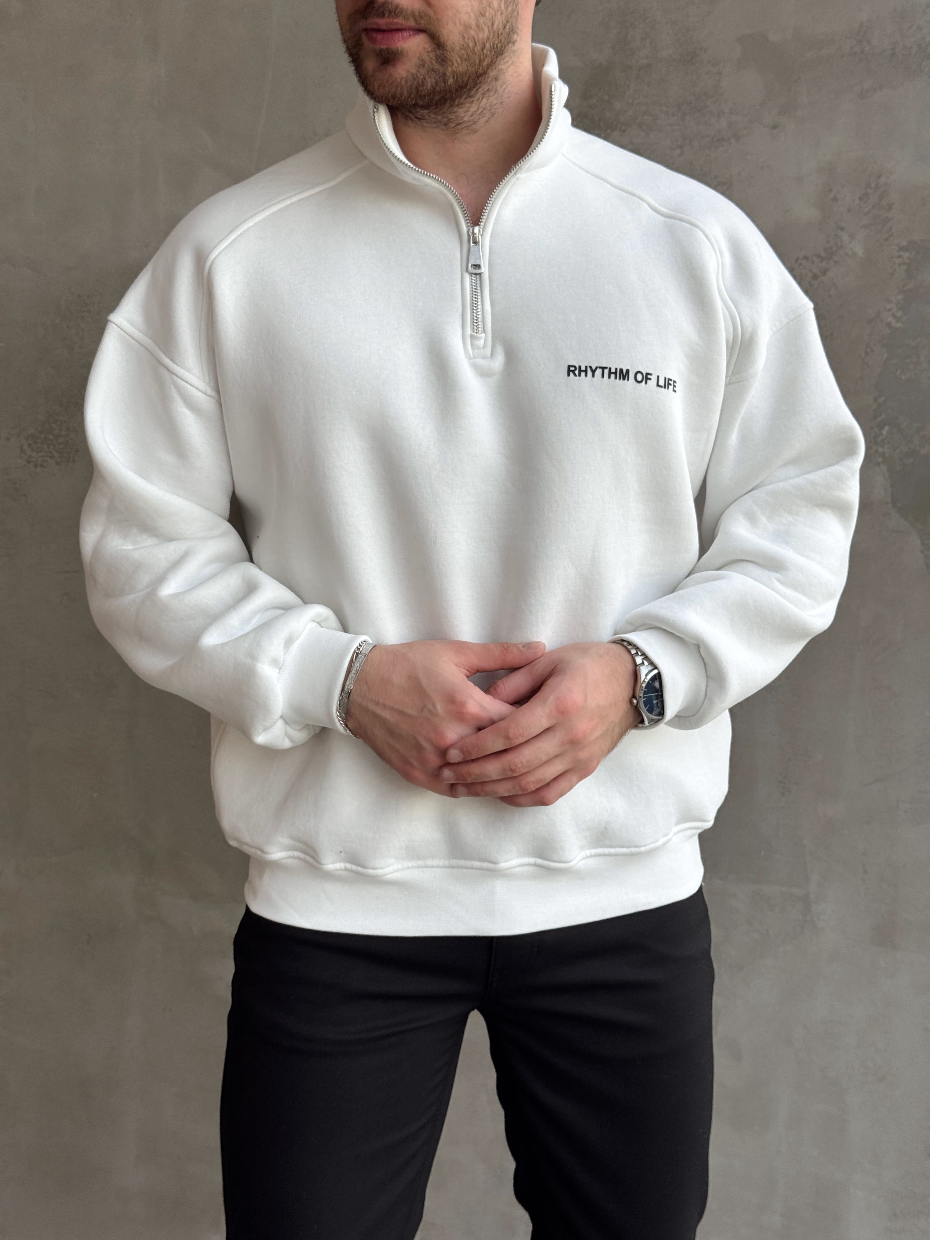 Erkek Elit Kalite Oversize Kalıp Gizli Cep Detaylı Yarım Fermuarlı Dik Yaka 3 İplik Şardonlu Sweat-Beyaz(E1888)Ketench