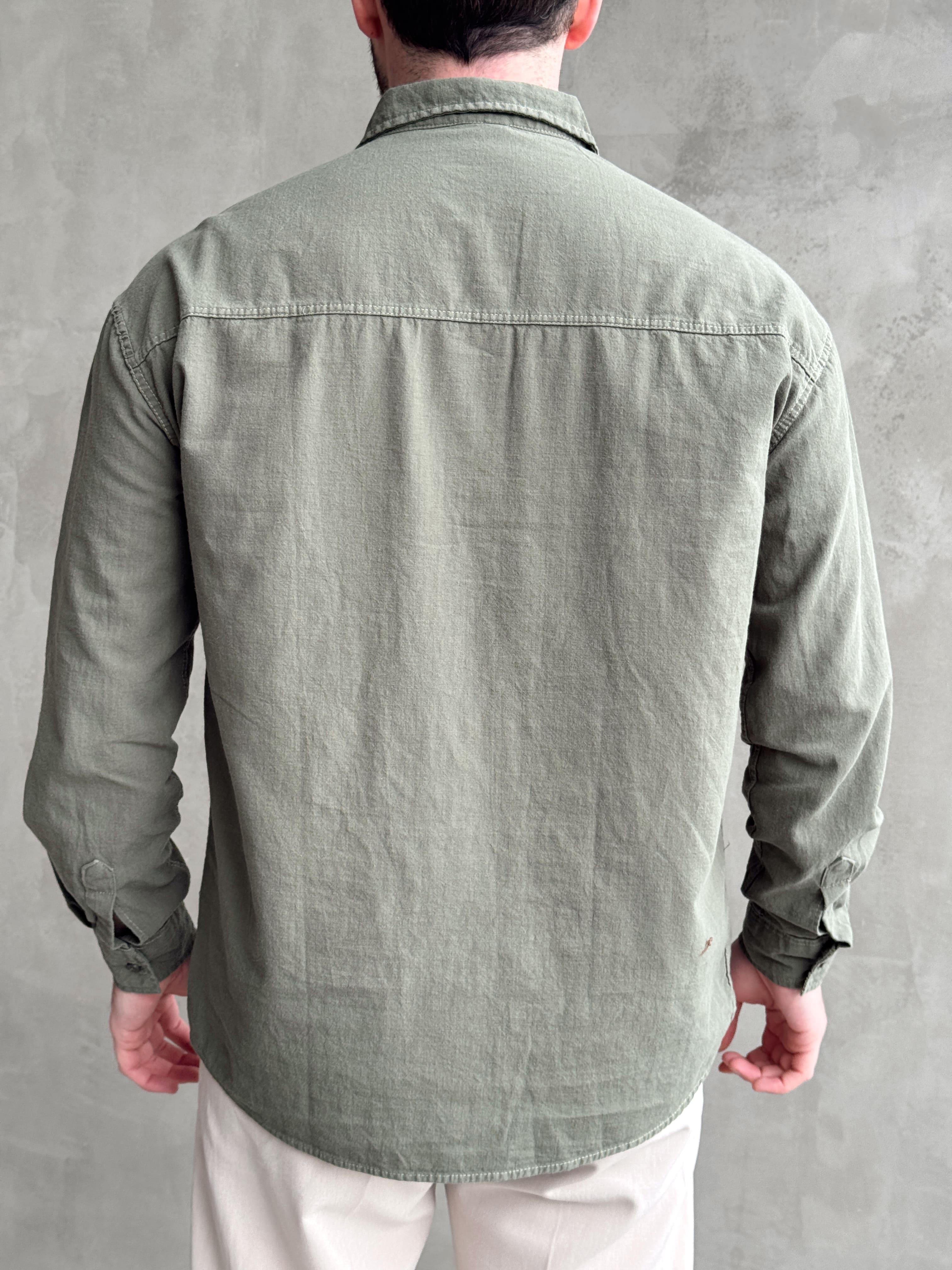 Erkek Elit Kalite Oversize Kalıp Keten Karışımlı Kumaş Gömlek-Haki(E1508)Ketench