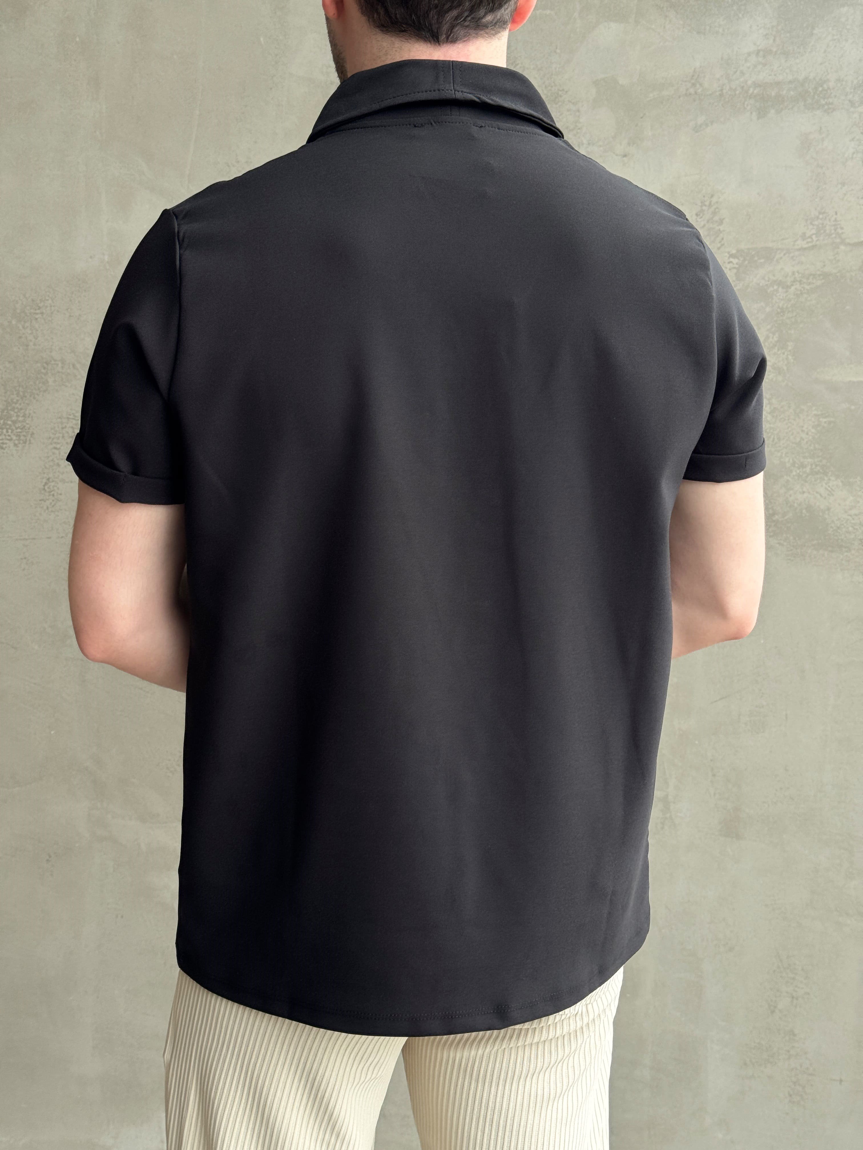 Erkek Elit Kalite Oversize Kalıp Kolu Kendiğiliğinden Katlı Düğme Detay Polo Yaka T-Shirt-Siyah(E1736)Ketench