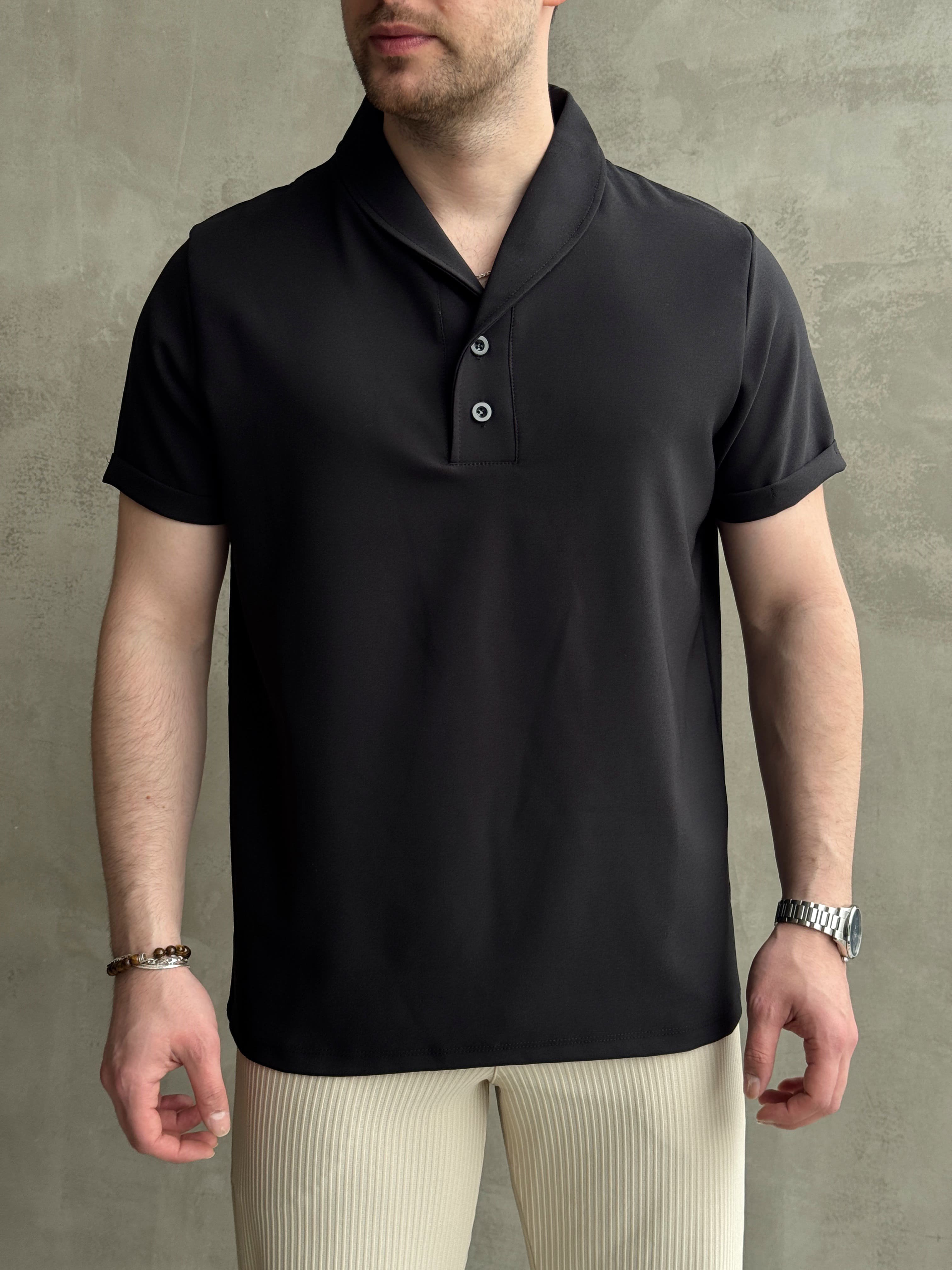 Erkek Elit Kalite Oversize Kalıp Kolu Kendiğiliğinden Katlı Düğme Detay Polo Yaka T-Shirt-Siyah(E1736)Ketench