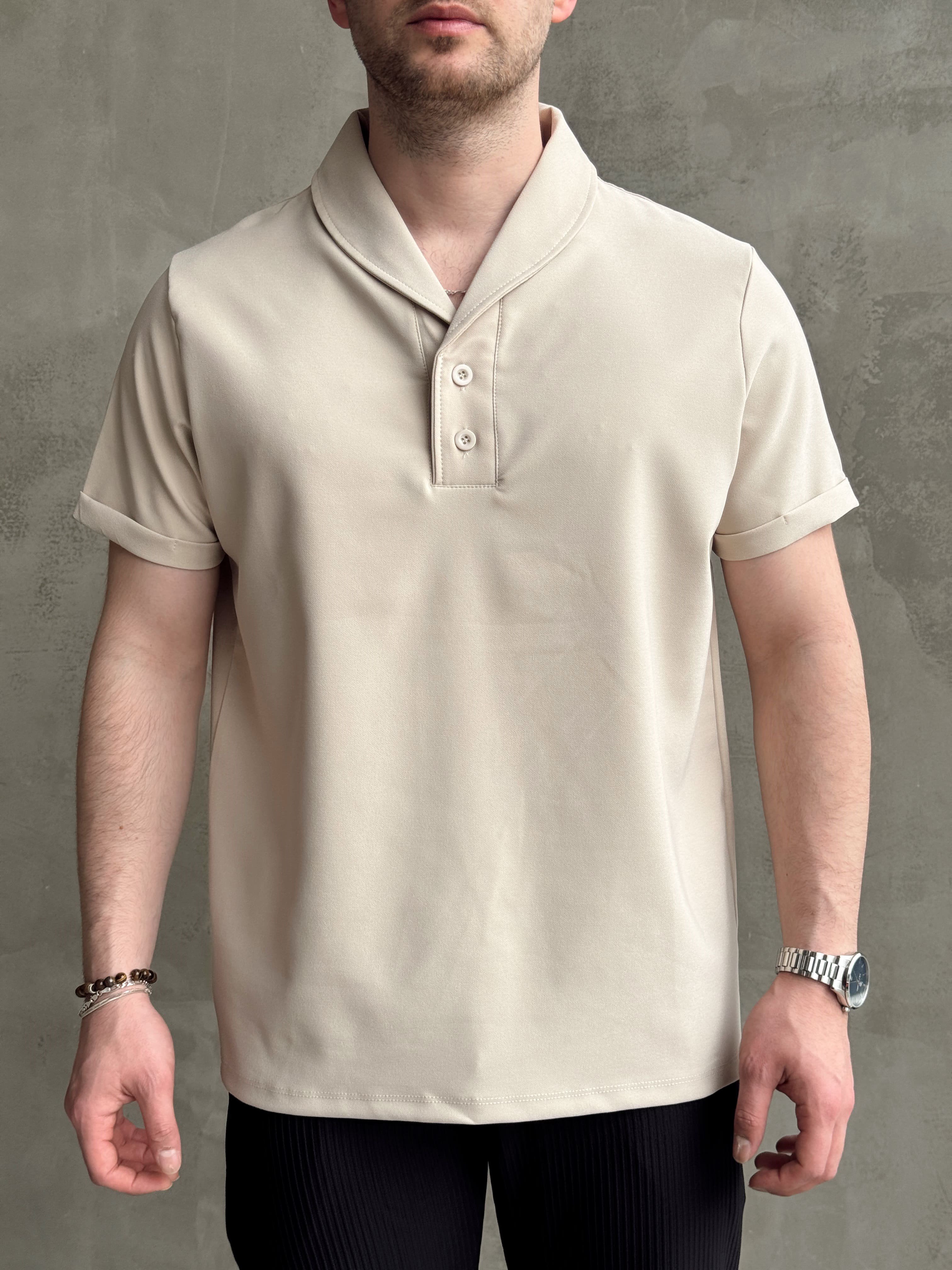 Erkek Elit Kalite Oversize Kalıp Kolu Kendiğiliğinden Katlı Düğme Detay Polo Yaka T-Shirt-Bej(E1736)Ketench