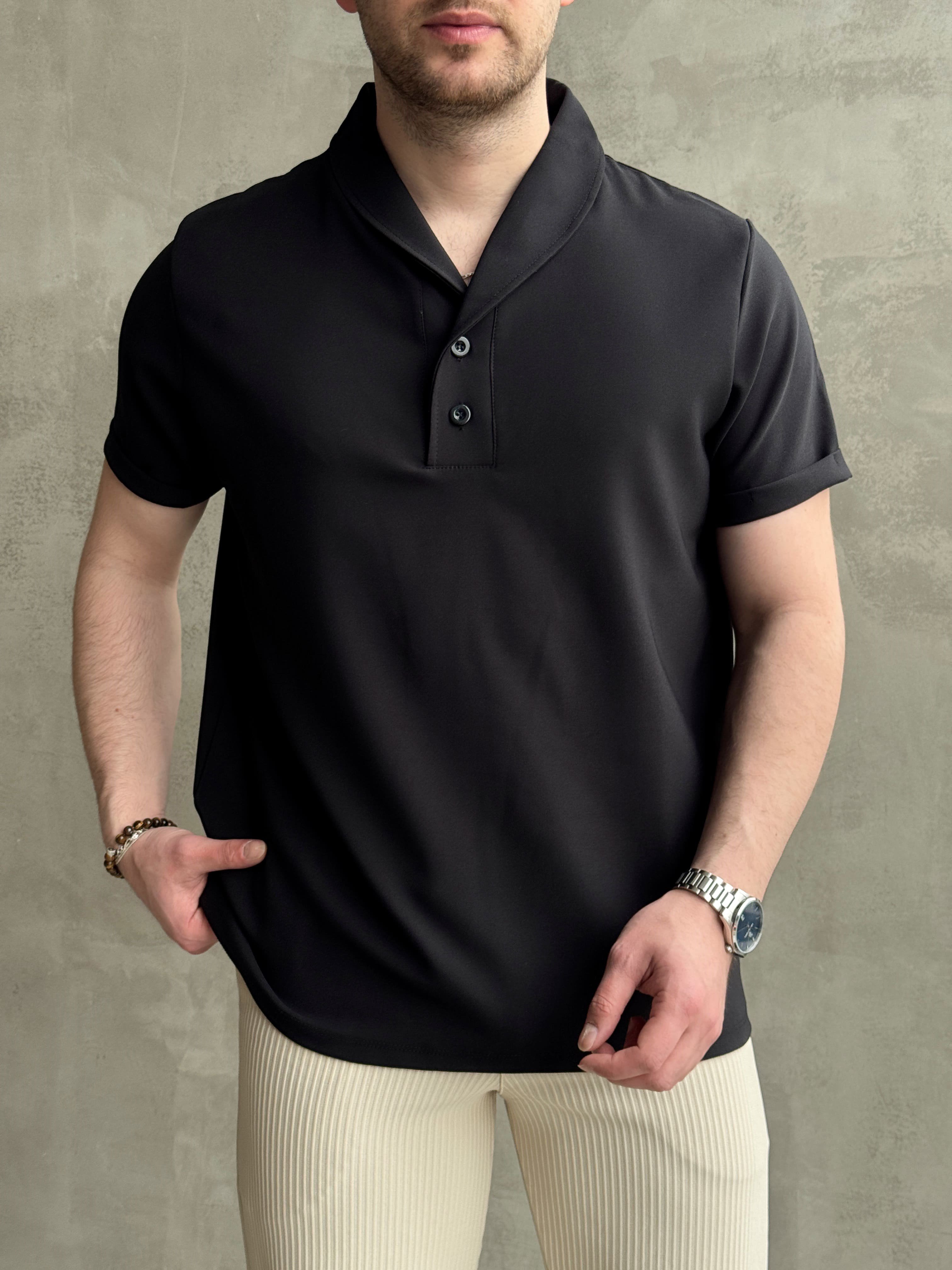 Erkek Elit Kalite Oversize Kalıp Kolu Kendiğiliğinden Katlı Düğme Detay Polo Yaka T-Shirt-Siyah(E1736)Ketench