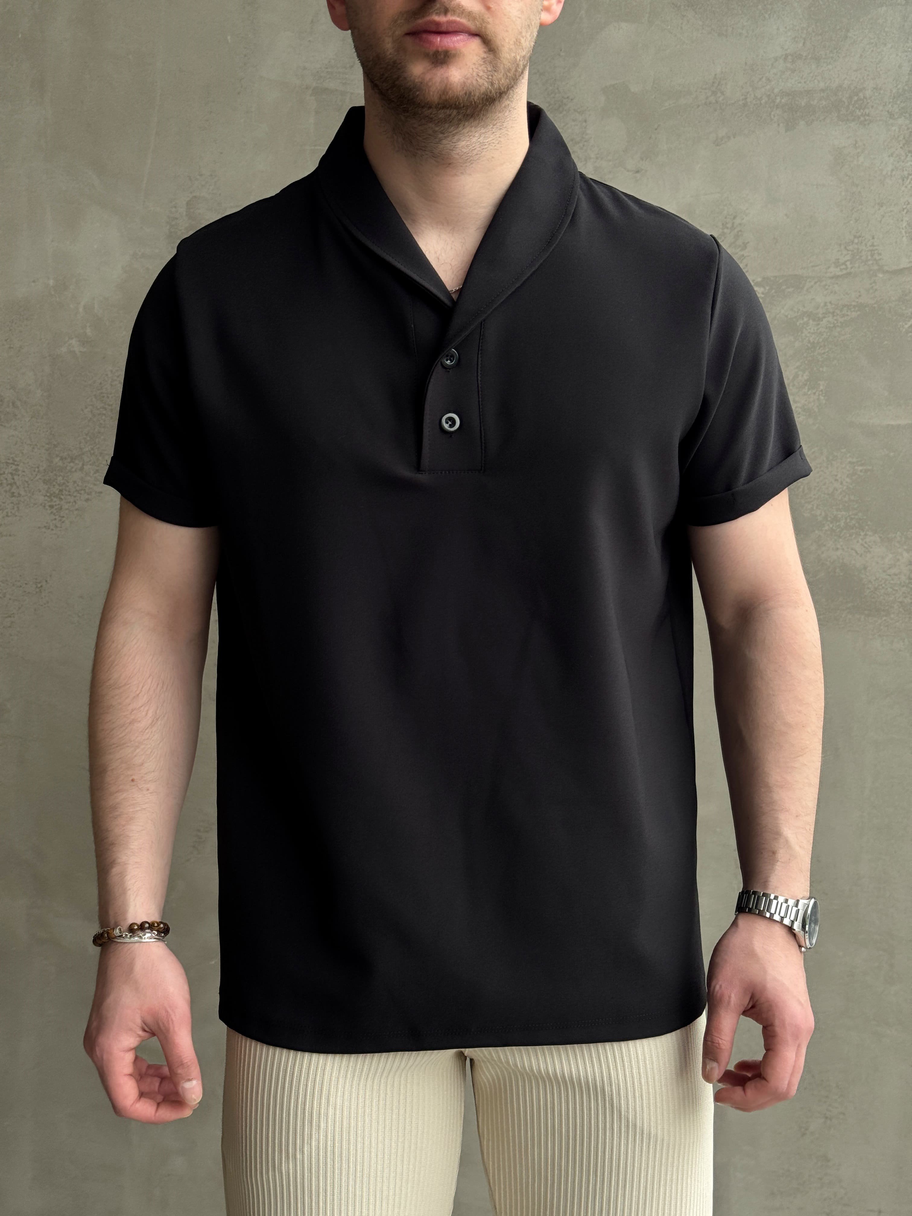 Erkek Elit Kalite Oversize Kalıp Kolu Kendiğiliğinden Katlı Düğme Detay Polo Yaka T-Shirt-Siyah(E1736)Ketench