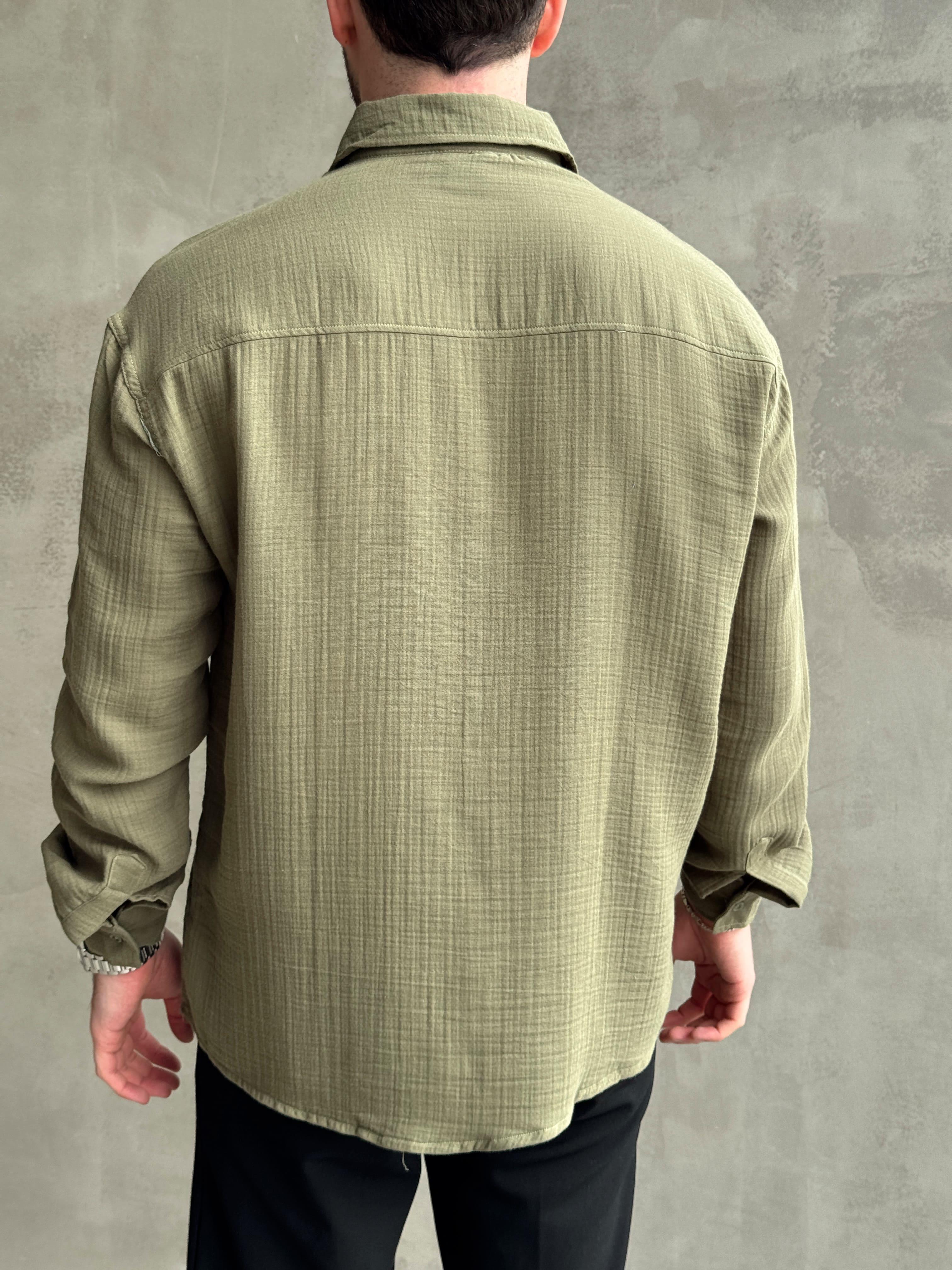 Erkek Elit Kalite Oversize Kalıp Müslin Kumaş Gömlek-Haki(E1606)Ketench
