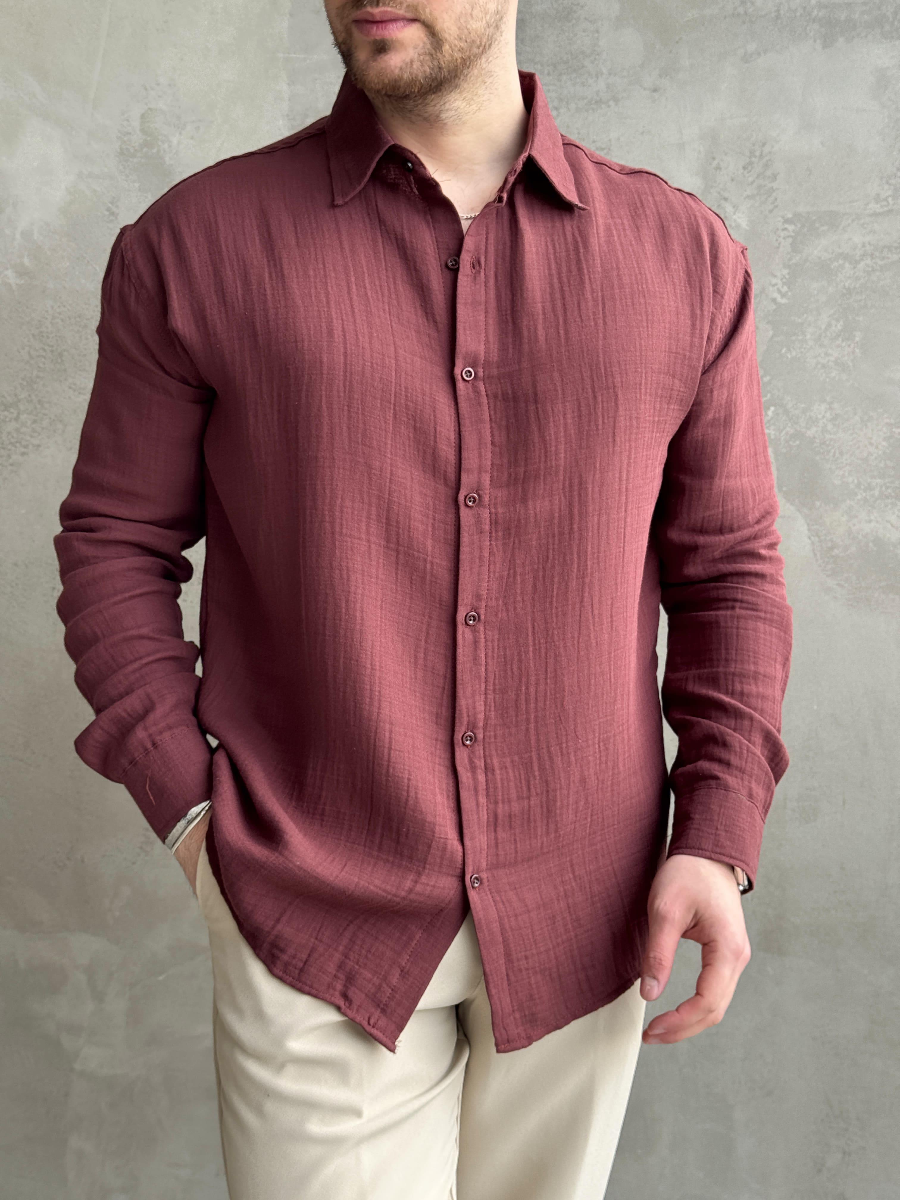 Erkek Elit Kalite Oversize Kalıp Müslin Kumaş Gömlek-Bordo(E1606)Ketench