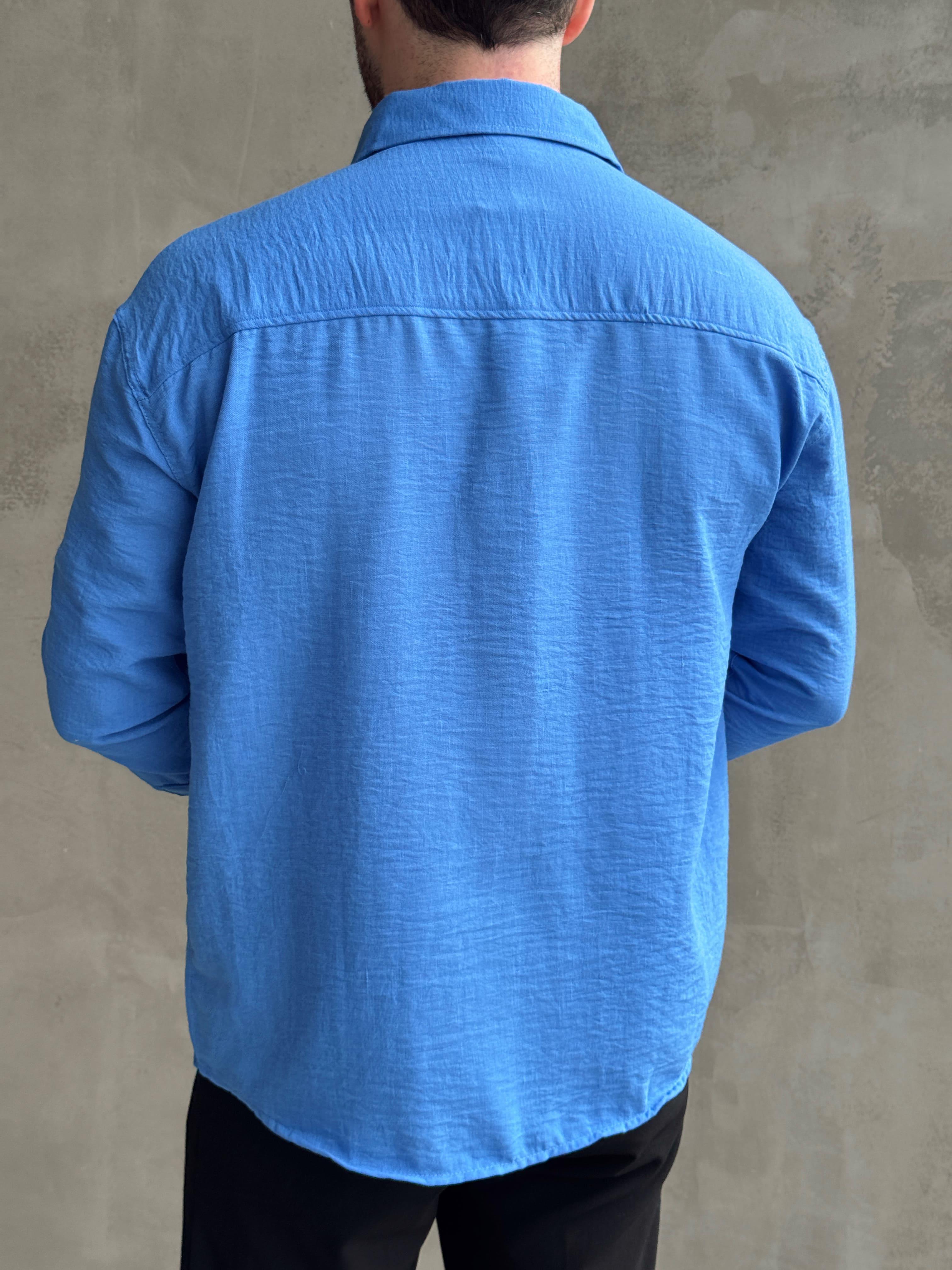 Erkek Elit Kalite Oversize Kalıp Pera Keten Kumaş Gömlek-Sax(E1607)  Ketench