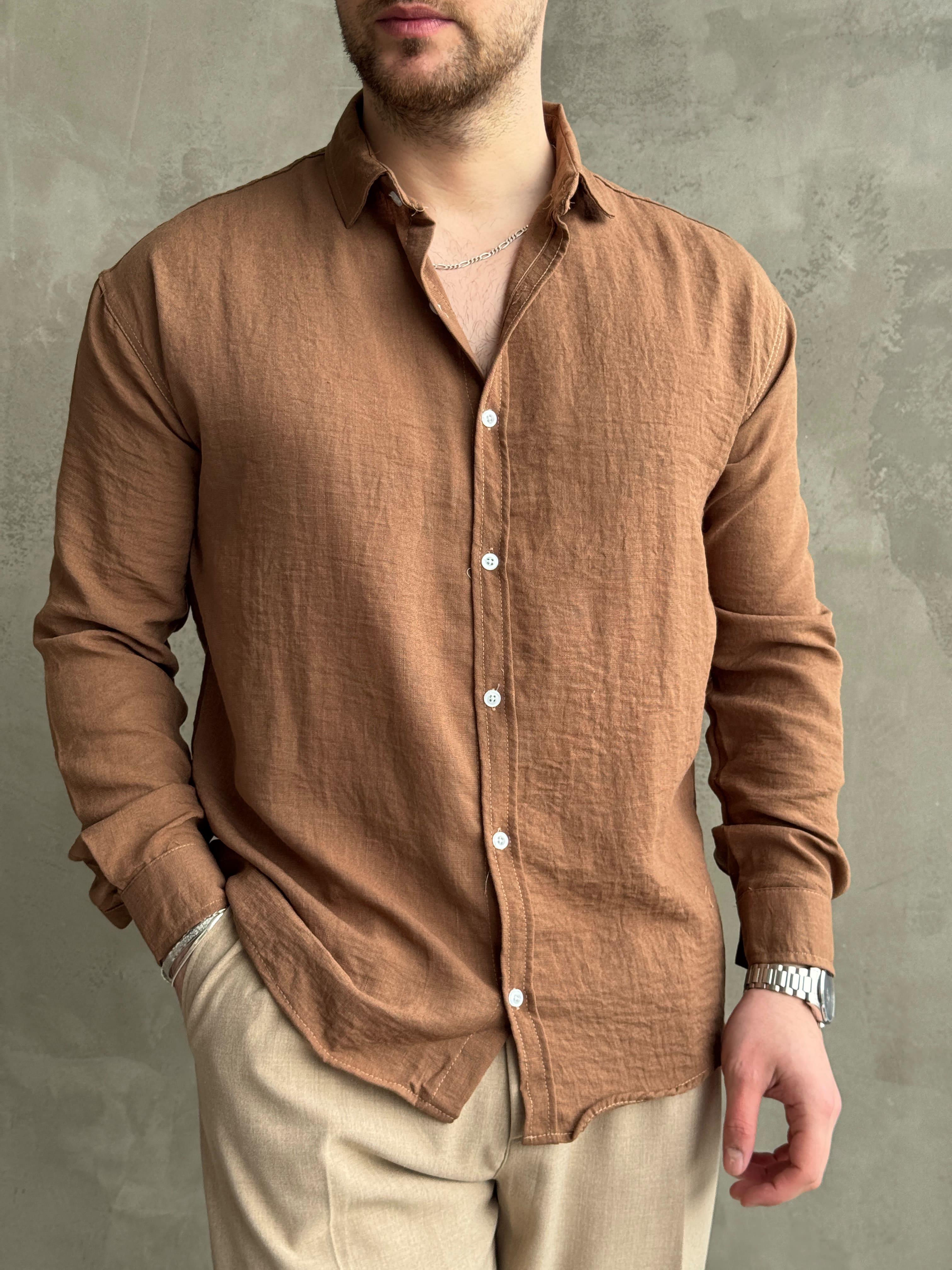 Erkek Elit Kalite Oversize Kalıp Pera Keten Kumaş Gömlek-Camel(E1607)  Ketench