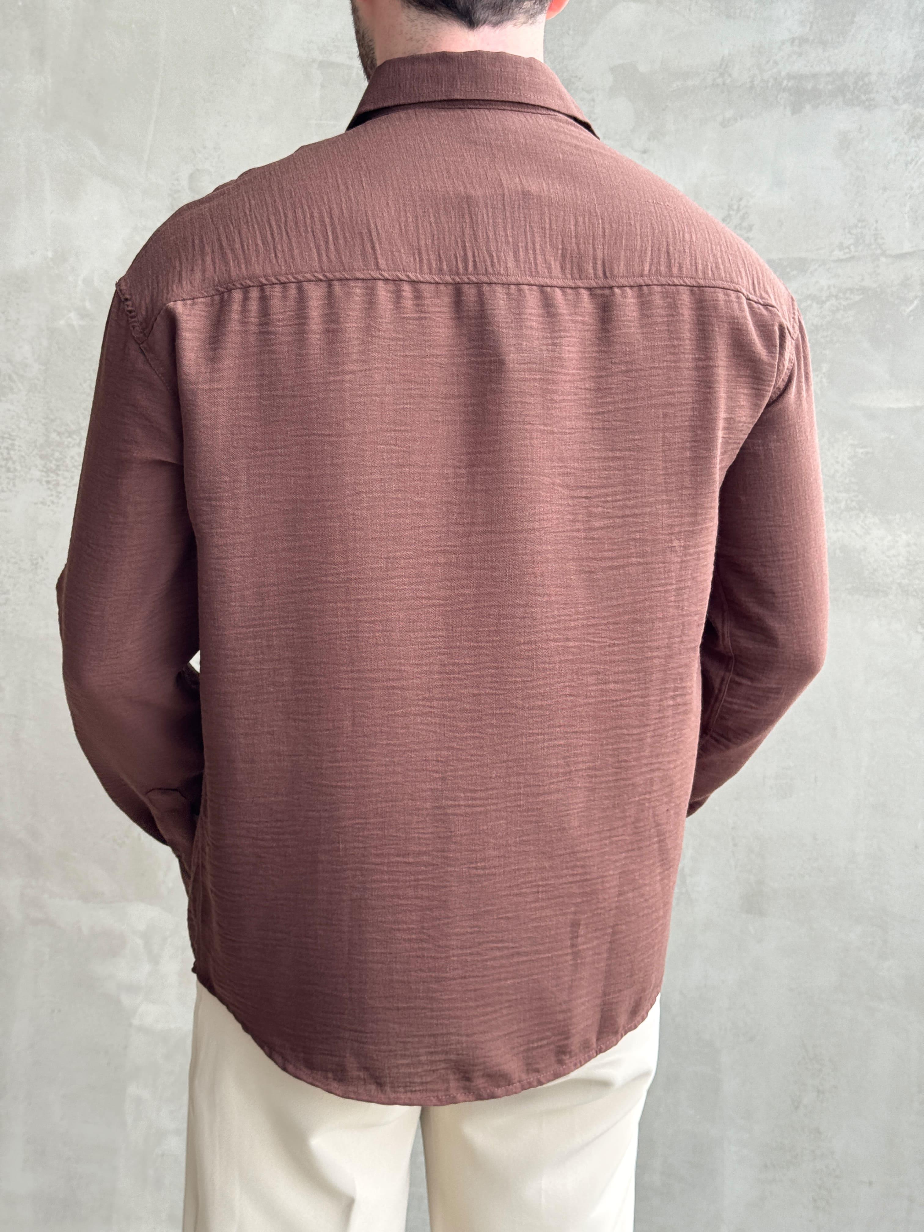 Erkek Elit Kalite Oversize Kalıp Pera Keten Kumaş Gömlek-Kahverengi(E1607)  Ketench