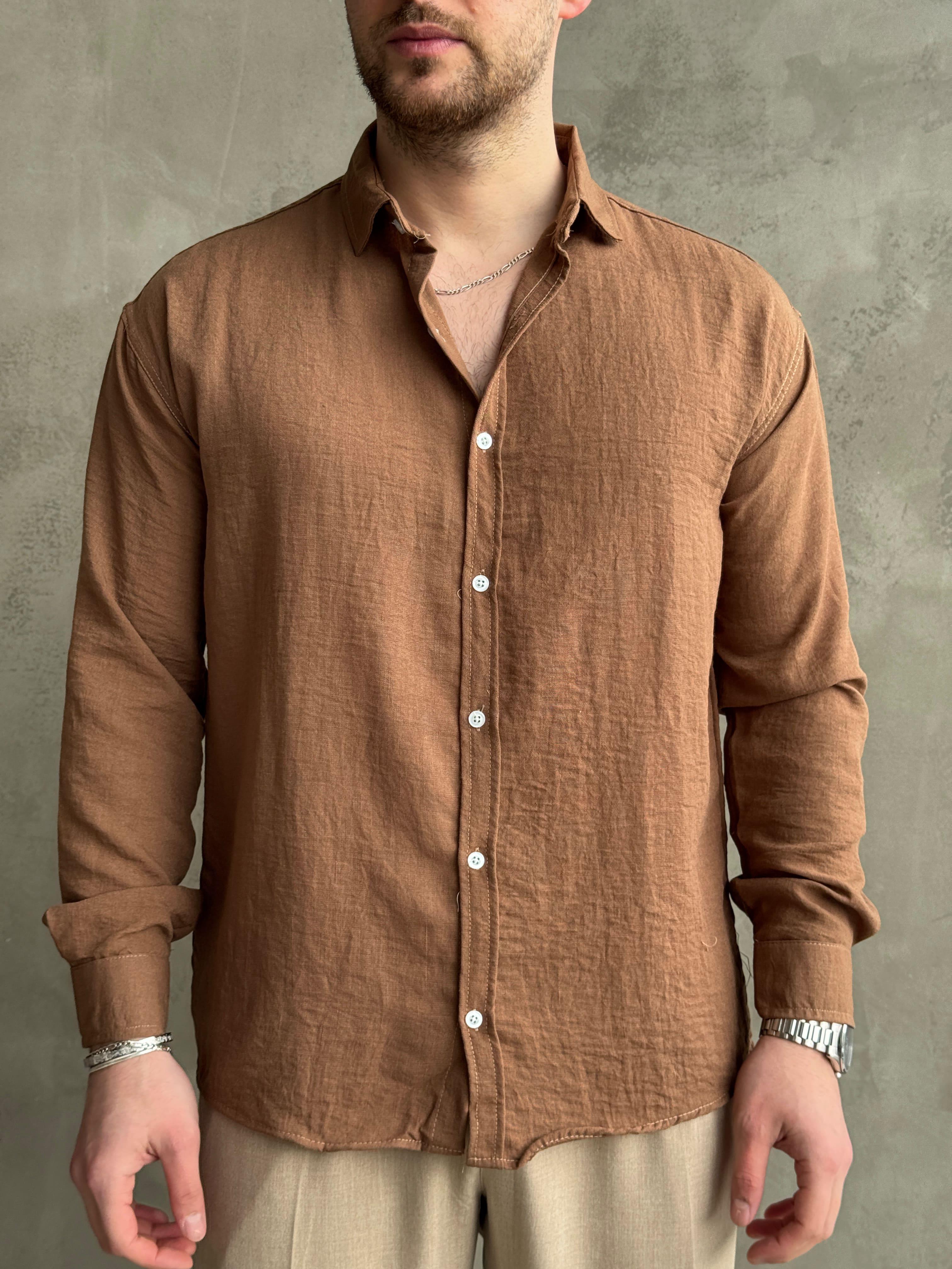 Erkek Elit Kalite Oversize Kalıp Pera Keten Kumaş Gömlek-Camel(E1607)  Ketench