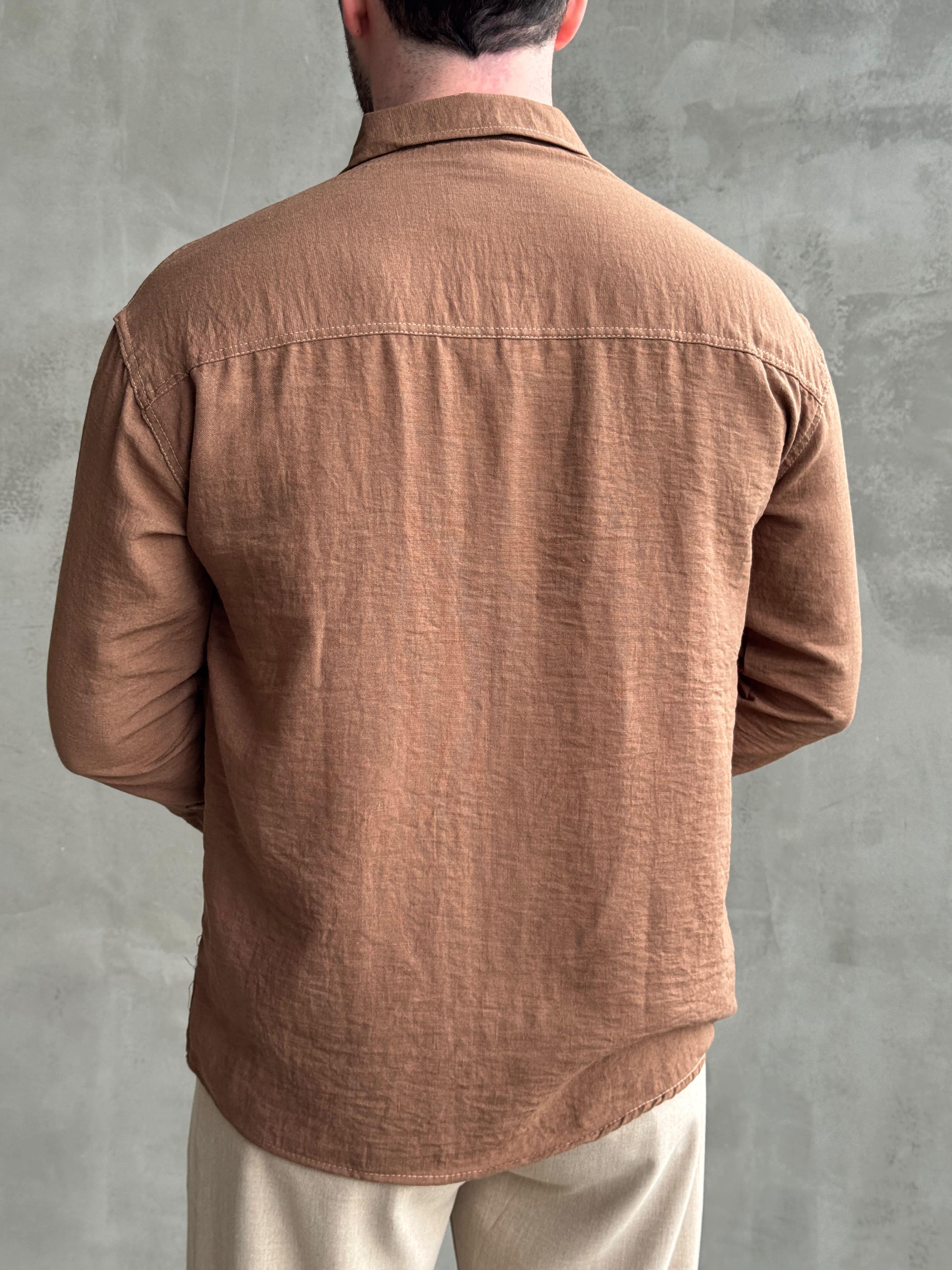 Erkek Elit Kalite Oversize Kalıp Pera Keten Kumaş Gömlek-Camel(E1607)  Ketench