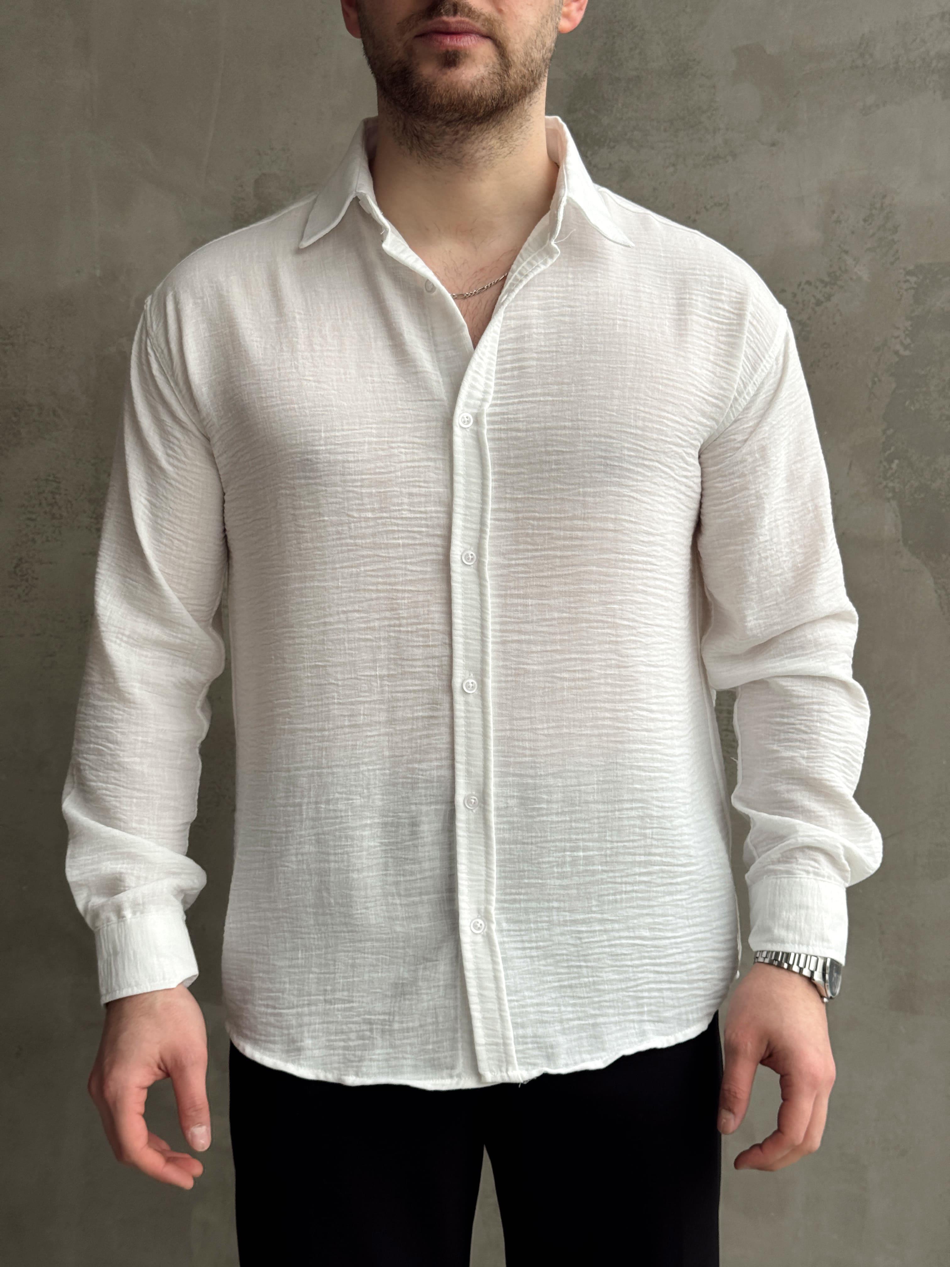 Erkek Elit Kalite Oversize Kalıp Pera Keten Kumaş Gömlek-Beyaz(E1607)  Ketench