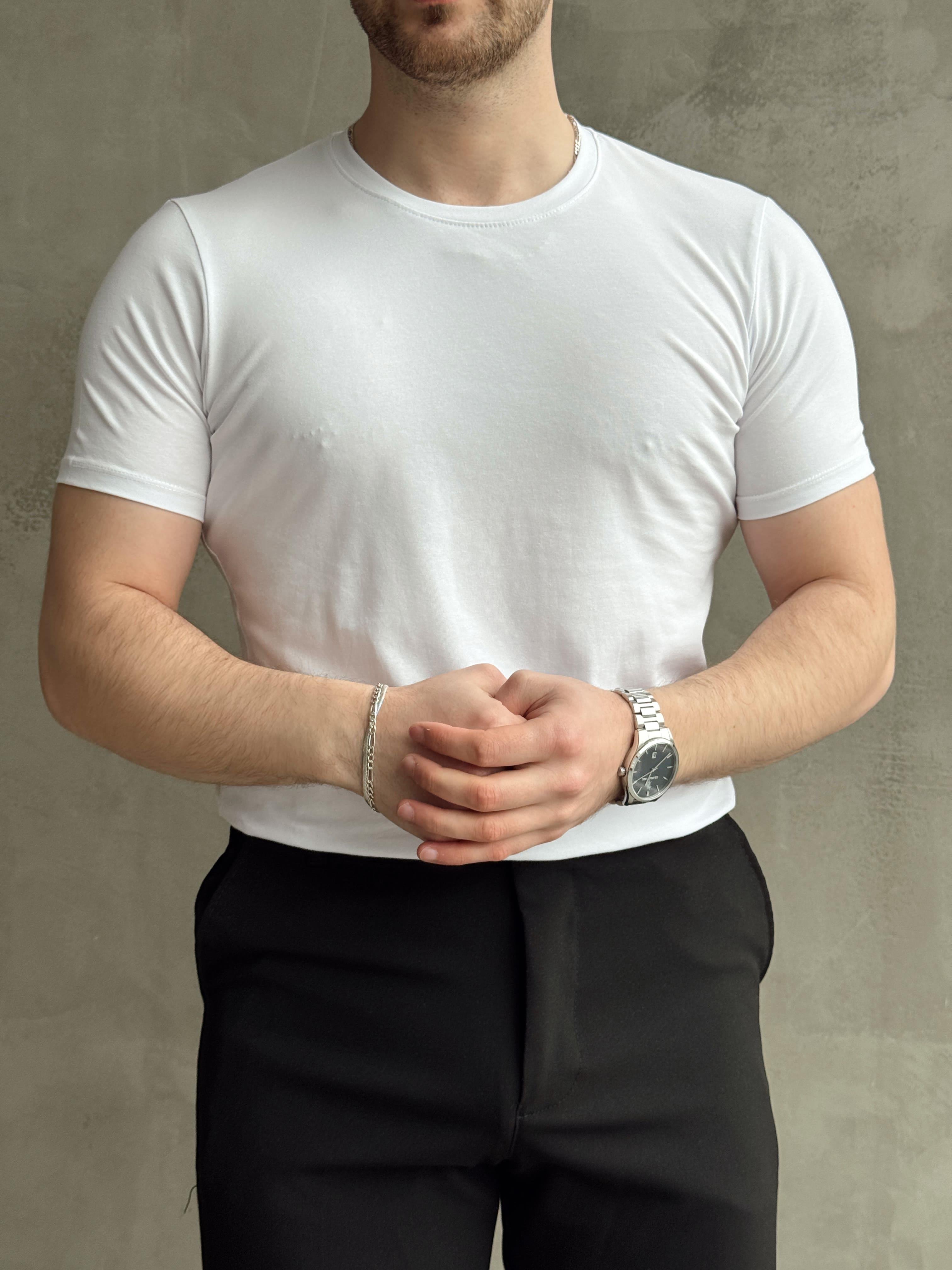 Erkek Elit Kalite Regular Fit Bisiklet Yaka T-shirt-Beyaz(E1648)Ketench