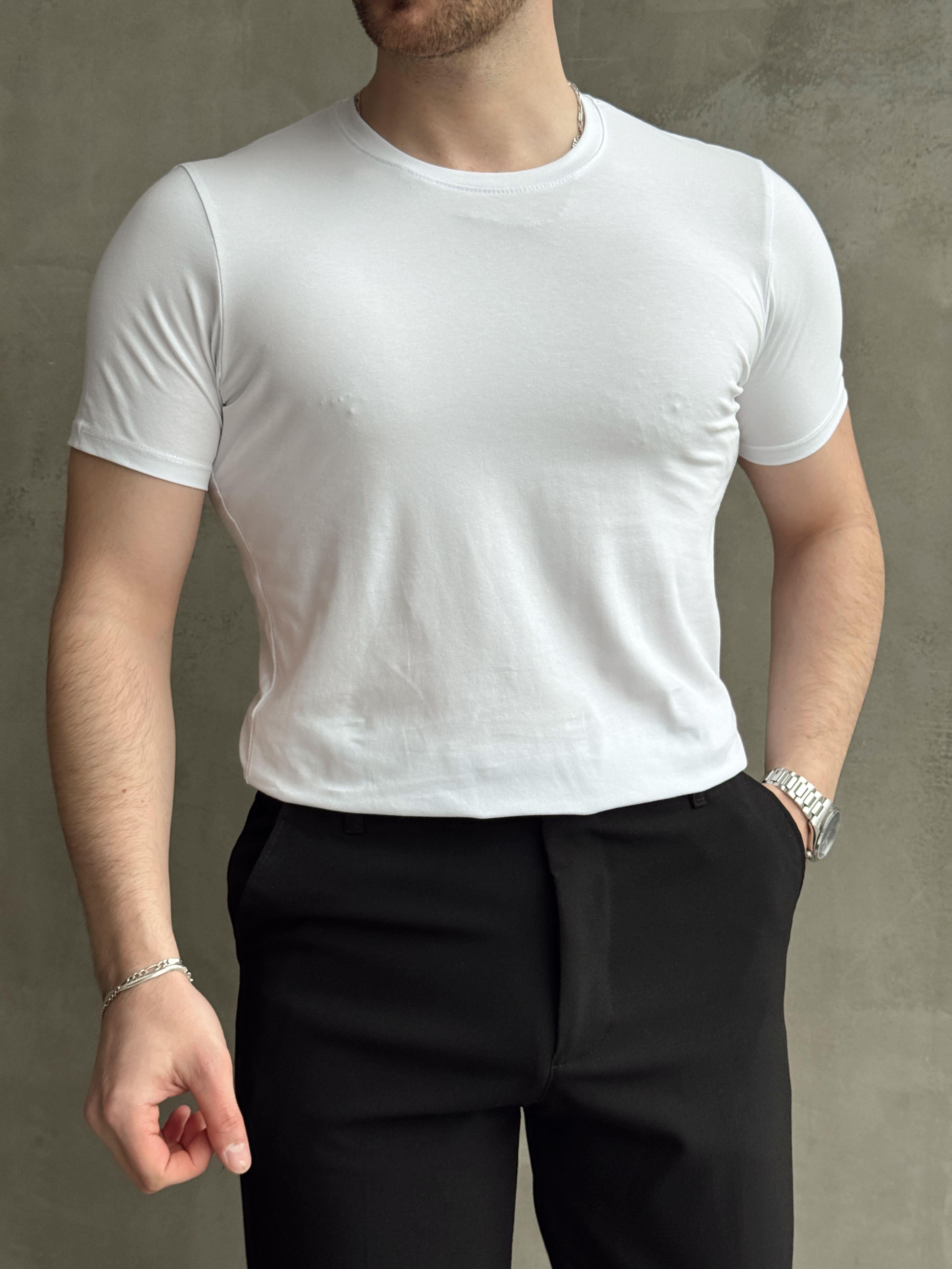 Erkek Elit Kalite Regular Fit Bisiklet Yaka T-shirt-Beyaz(E1648)Ketench
