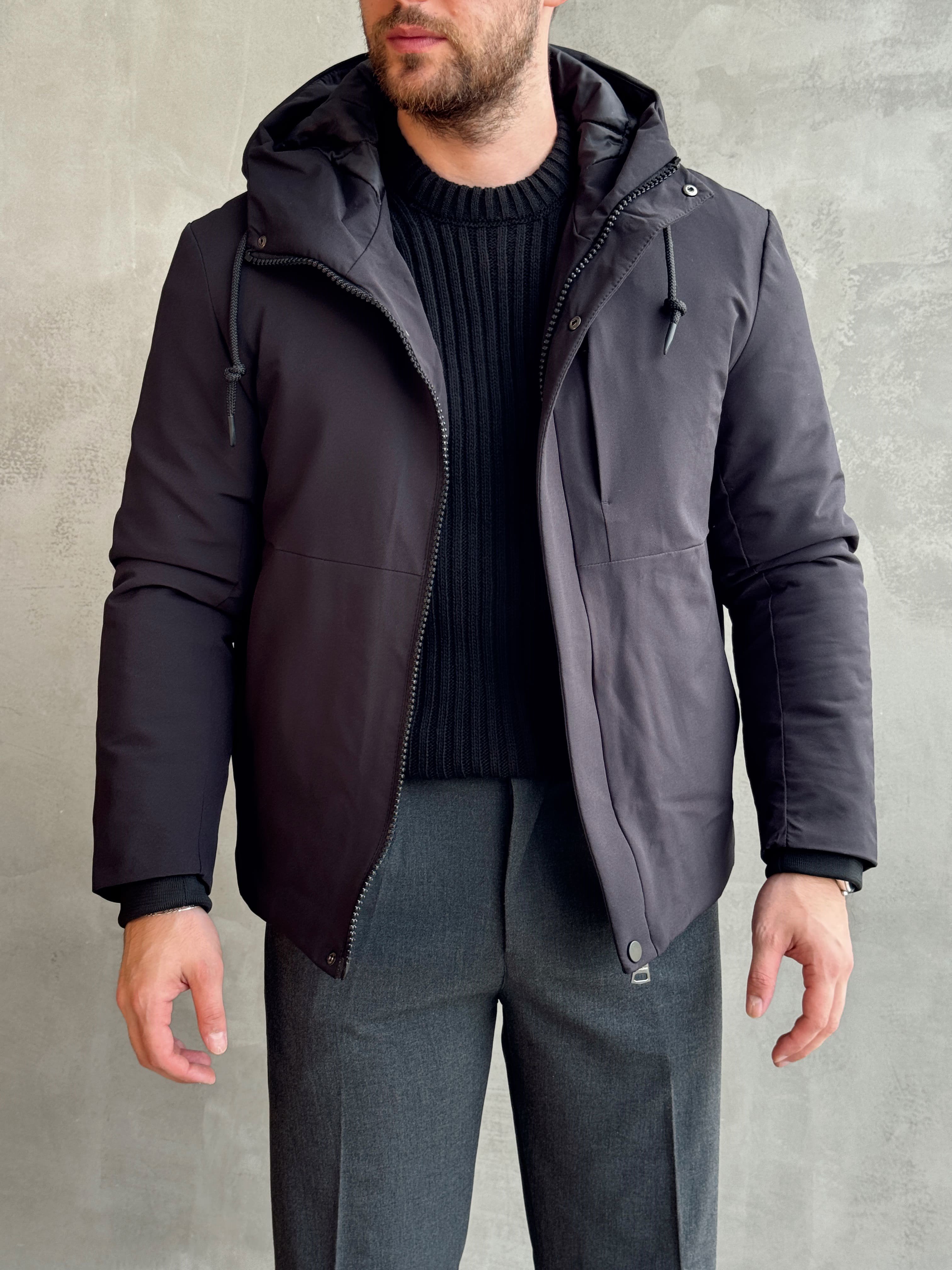 Erkek Elit Kalite Regular Fit Kapüşonlu İçi Elyaflı Stoper Detay Mont-Siyah(E1828)Ketench