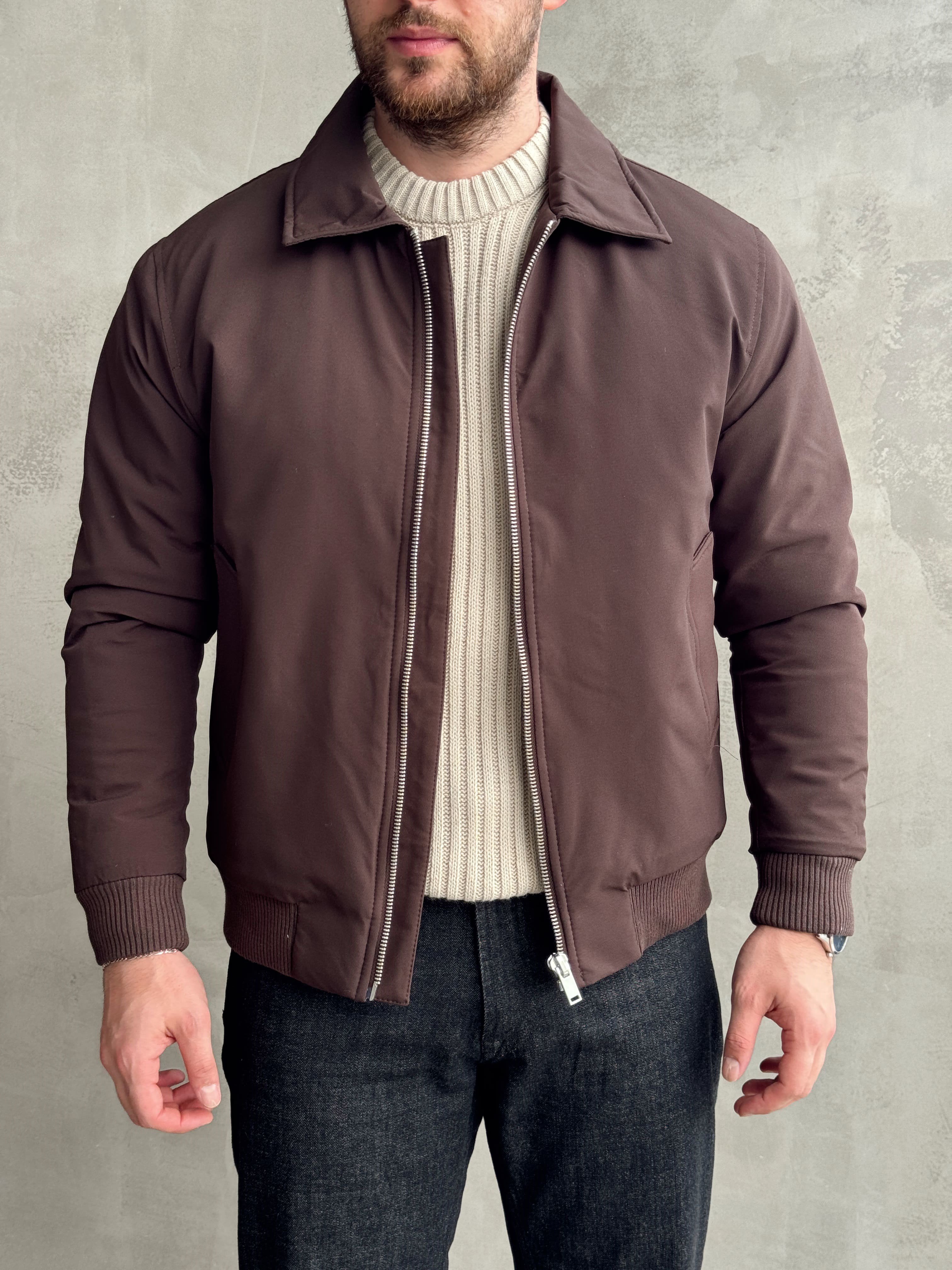 Erkek Elit Kalite Regular Fit Ribana Detaylı İçi Elyaflı Ceket-Kahverengi(E1826)Ketench