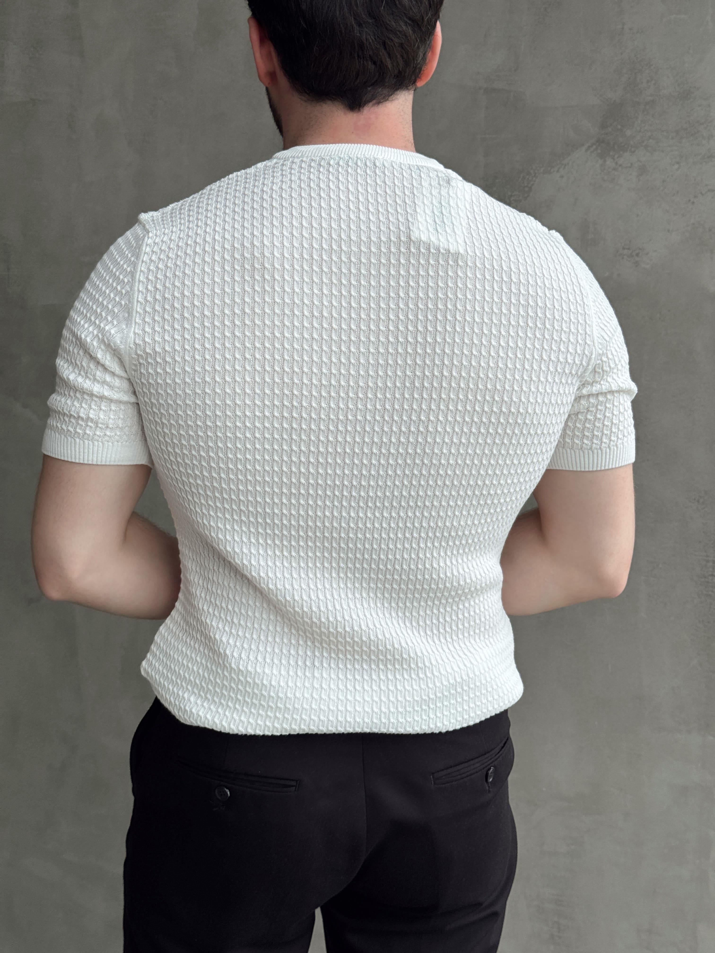 Erkek Elit Kalite Regular Fit Waffle Desenli Pat Yaka Detay Triko T-Shirt-Beyaz(E1681)Ketench