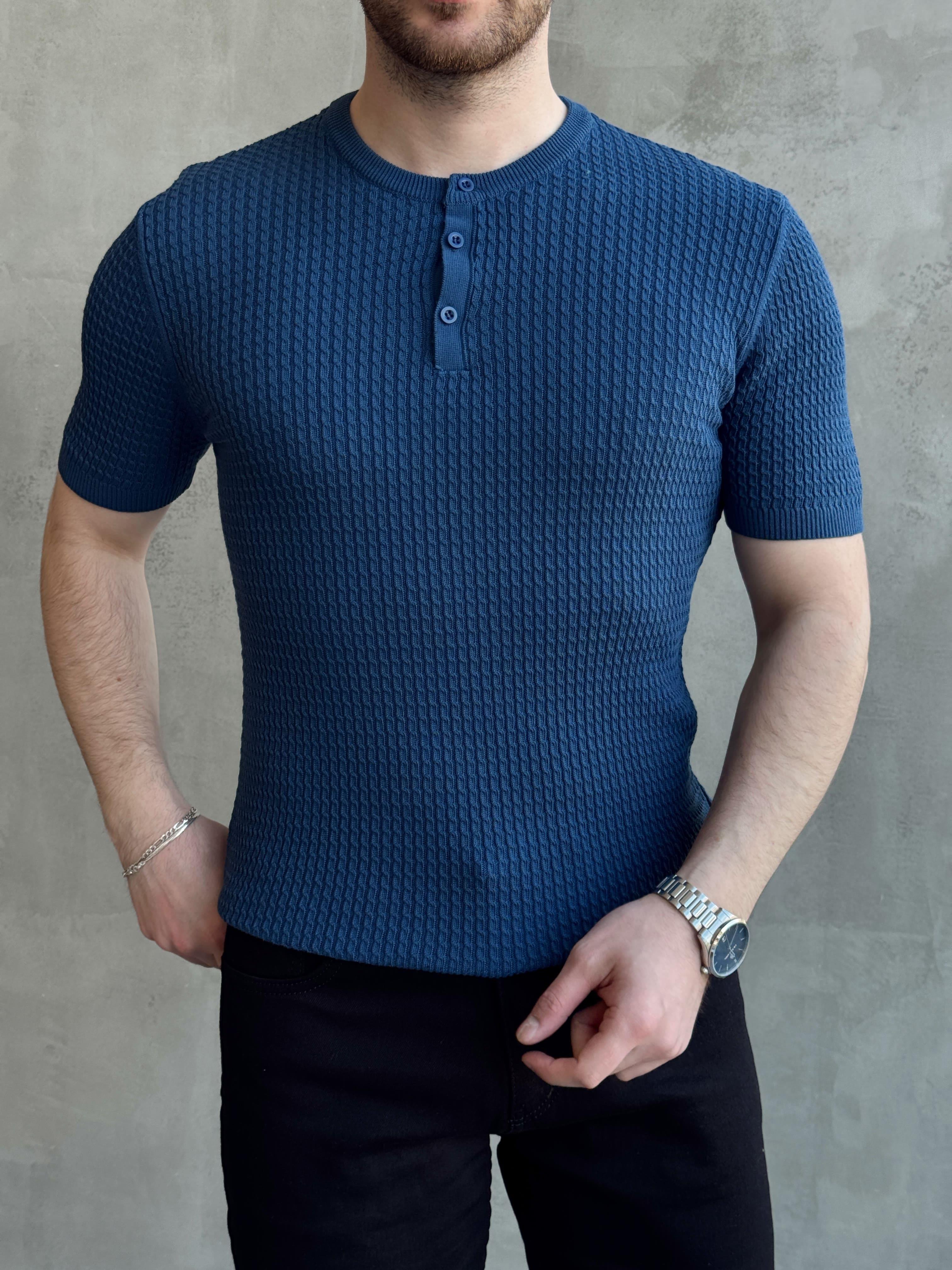 Erkek Elit Kalite Regular Fit Waffle Desenli Pat Yaka Detay Triko T-Shirt-İndigo(E1681)Ketench