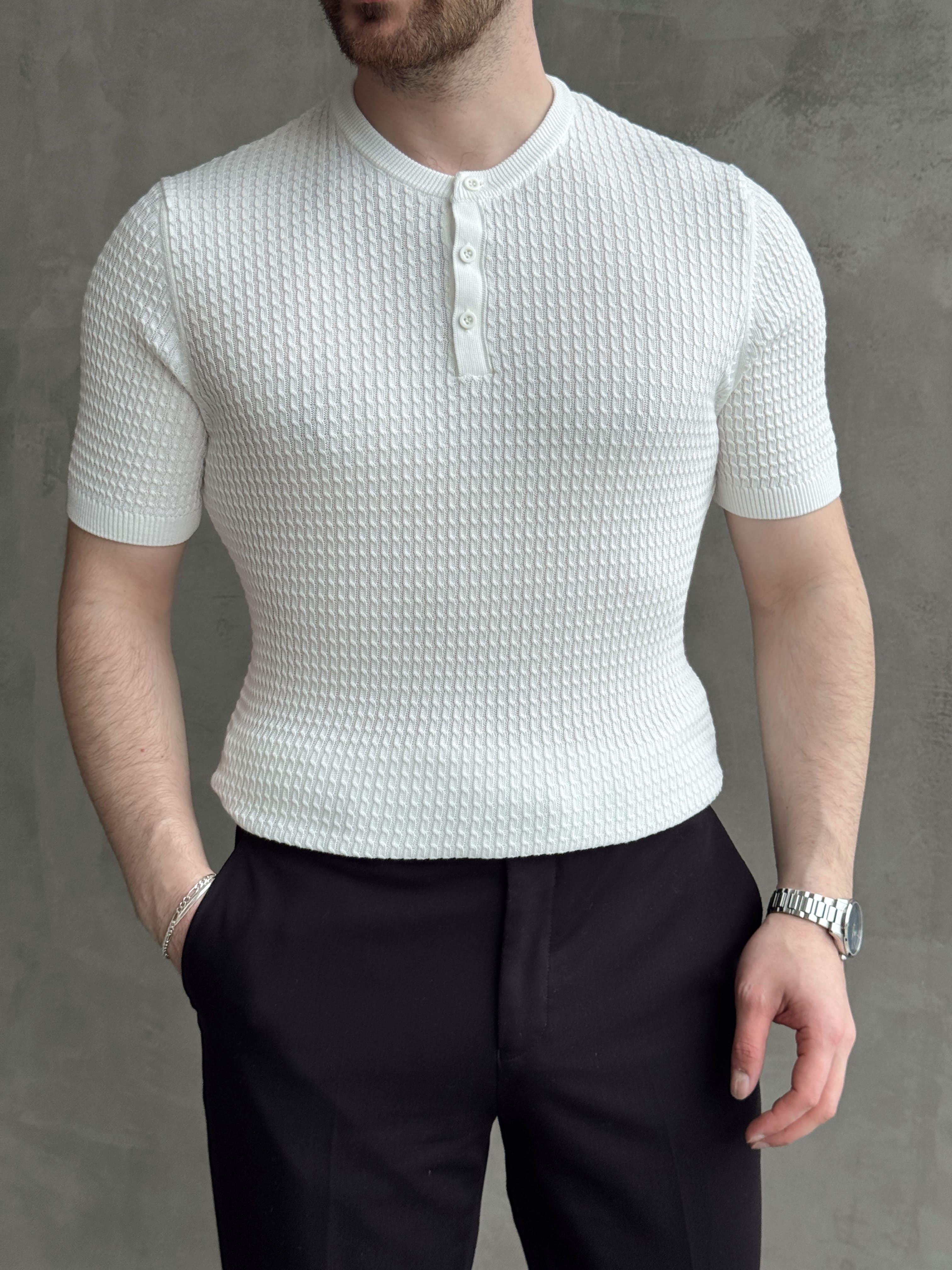 Erkek Elit Kalite Regular Fit Waffle Desenli Pat Yaka Detay Triko T-Shirt-Beyaz(E1681)Ketench