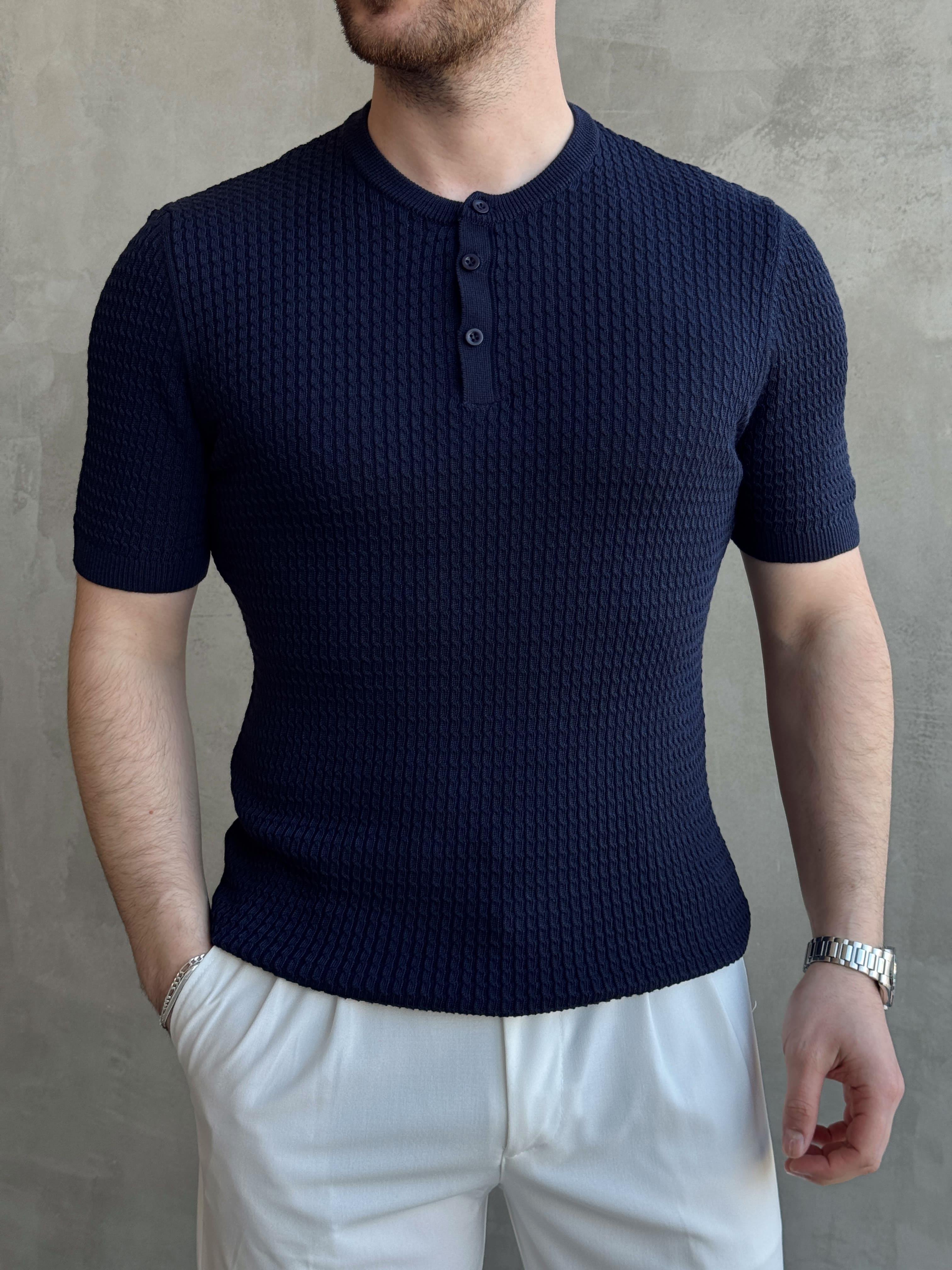 Erkek Elit Kalite Regular Fit Waffle Desenli Pat Yaka Detay Triko T-Shirt-Lacivert(E1681)Ketench