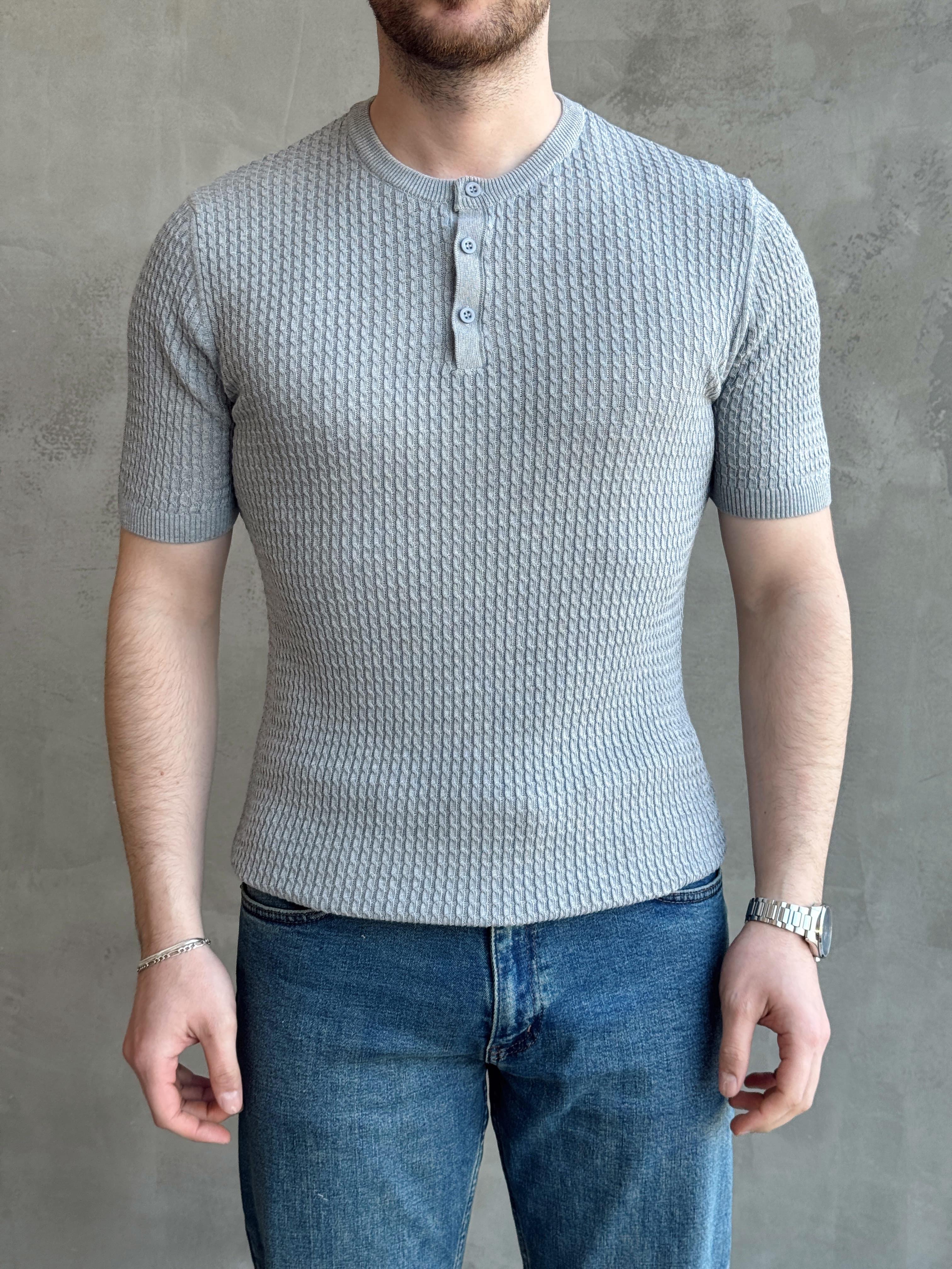 Erkek Elit Kalite Regular Fit Waffle Desenli Pat Yaka Detay Triko T-Shirt-Gri(E1681)Ketench