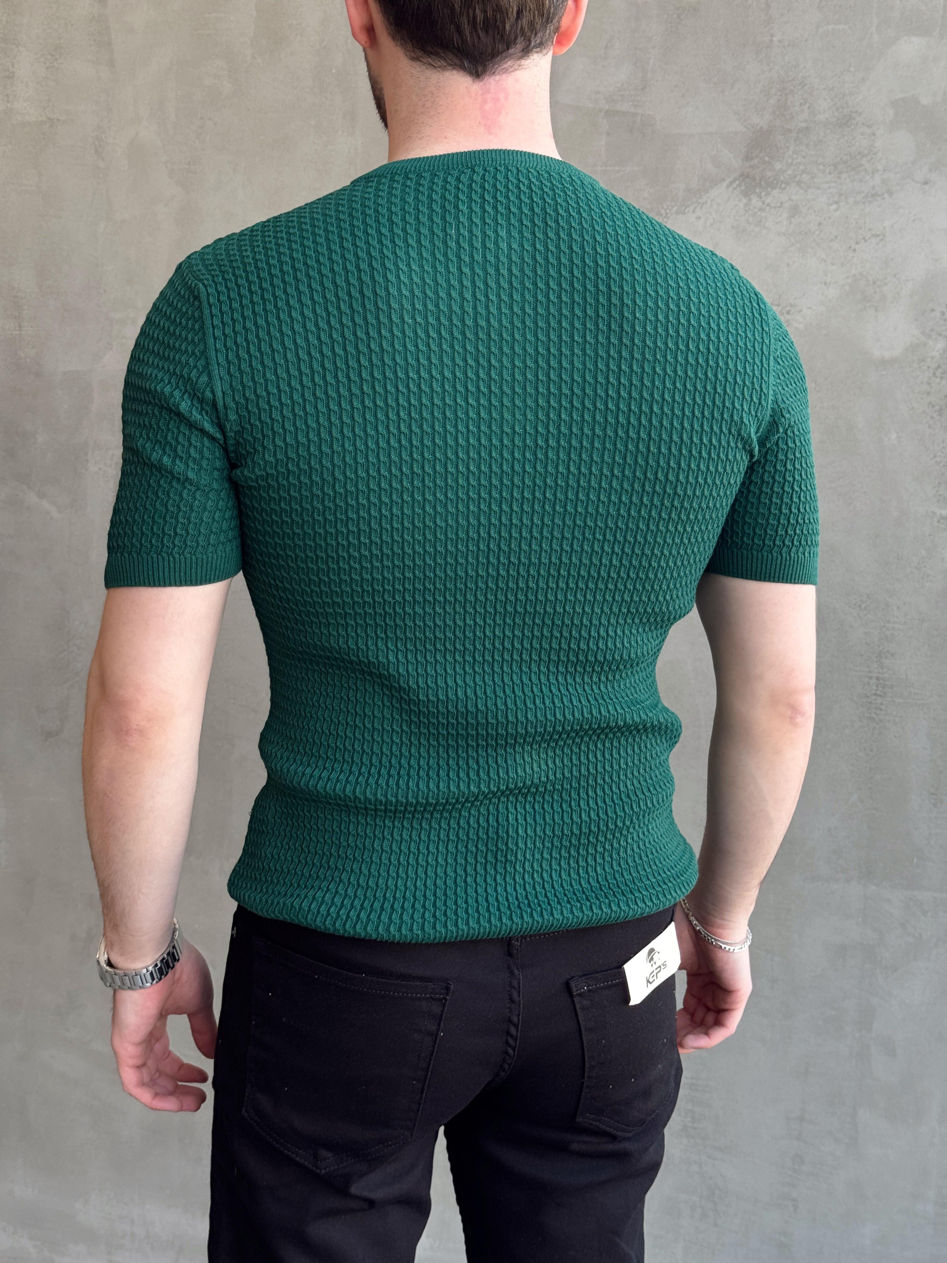 Erkek Elit Kalite Regular Fit Waffle Desenli Pat Yaka Detay Triko T-Shirt-Petrol(E1681)Ketench