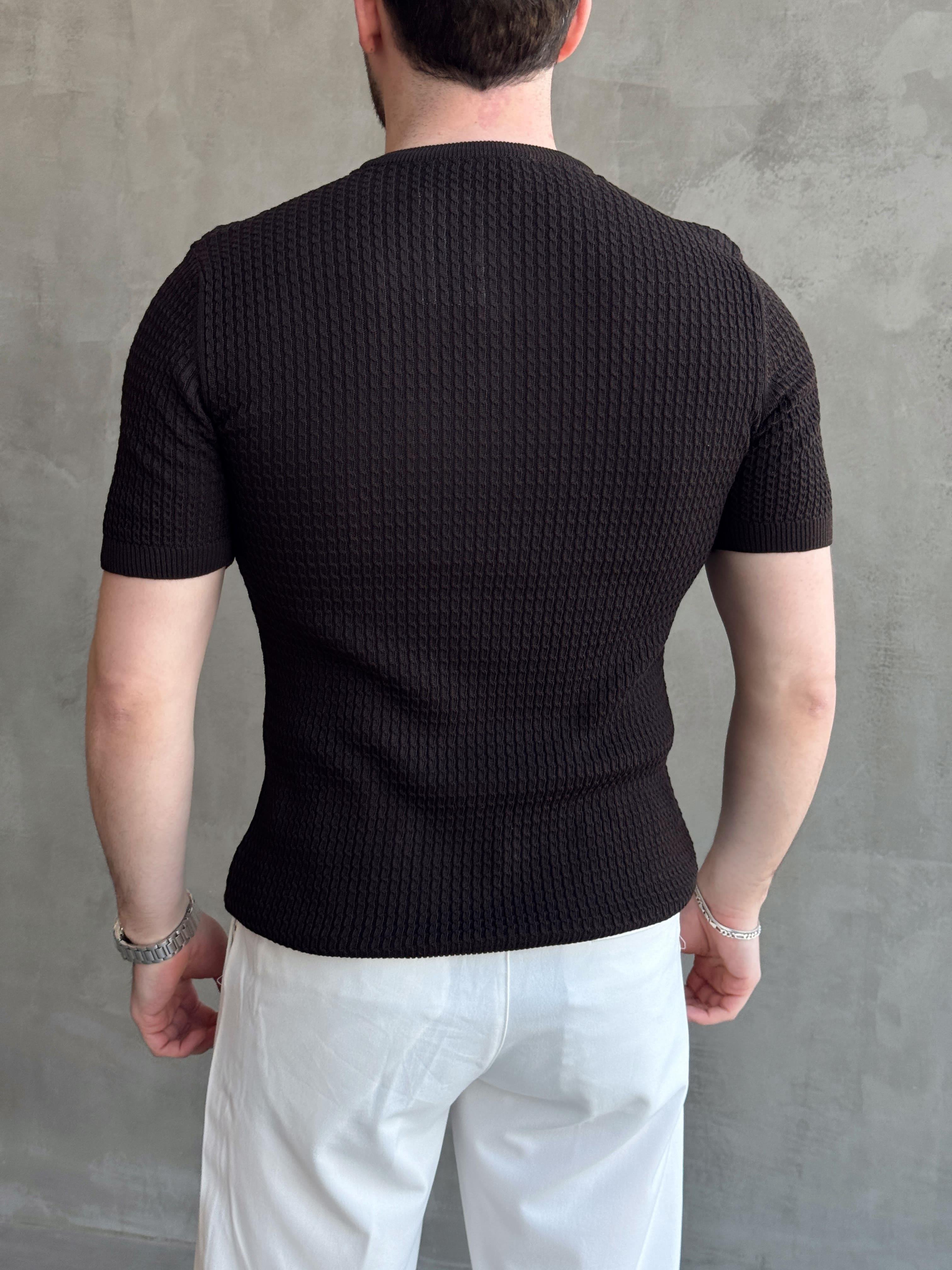 Erkek Elit Kalite Regular Fit Waffle Desenli Pat Yaka Detay Triko T-Shirt-Kahverengi(E1681)Ketench