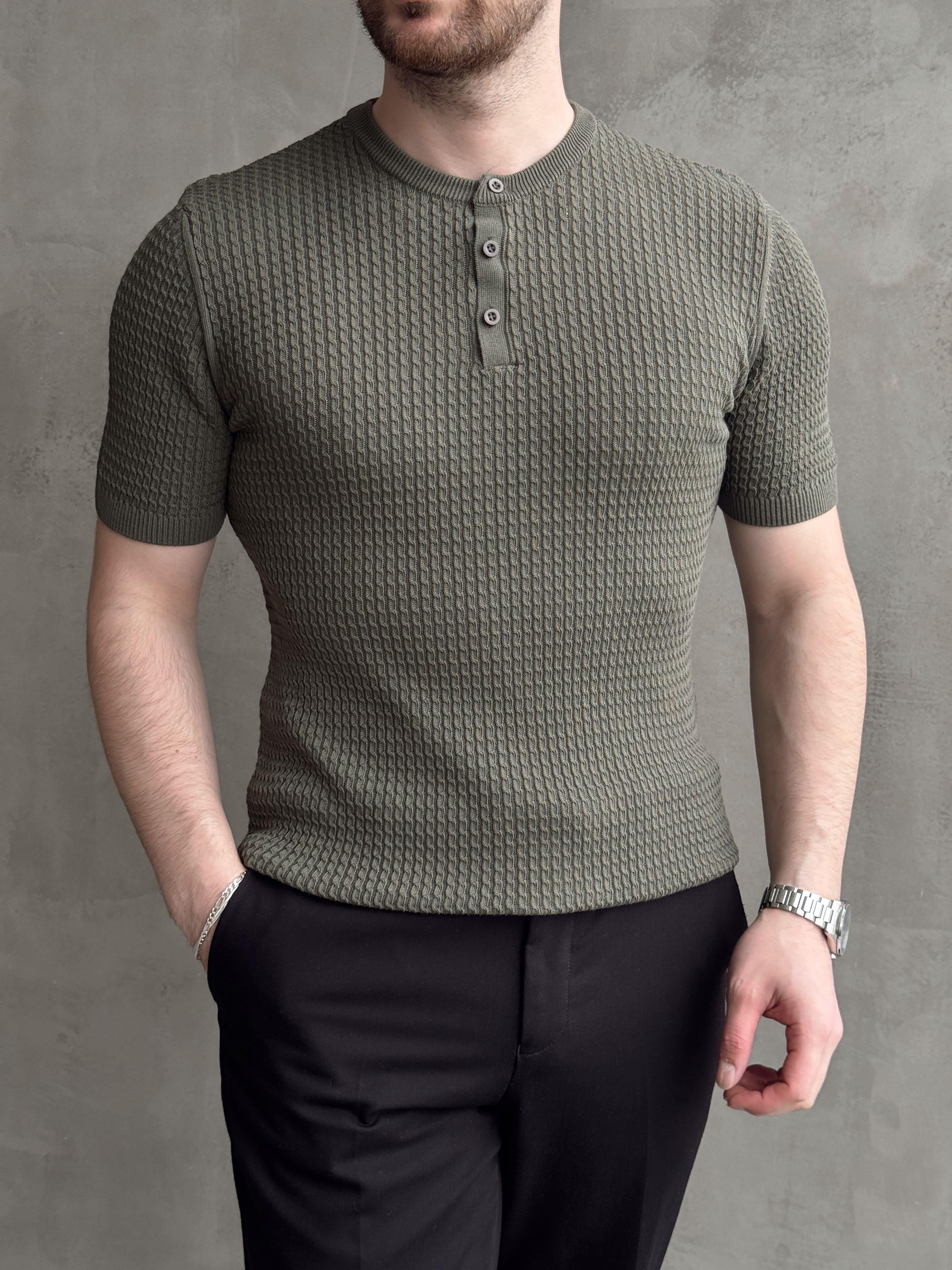 Erkek Elit Kalite Regular Fit Waffle Desenli Pat Yaka Detay Triko T-Shirt-Haki(E1681)Ketench