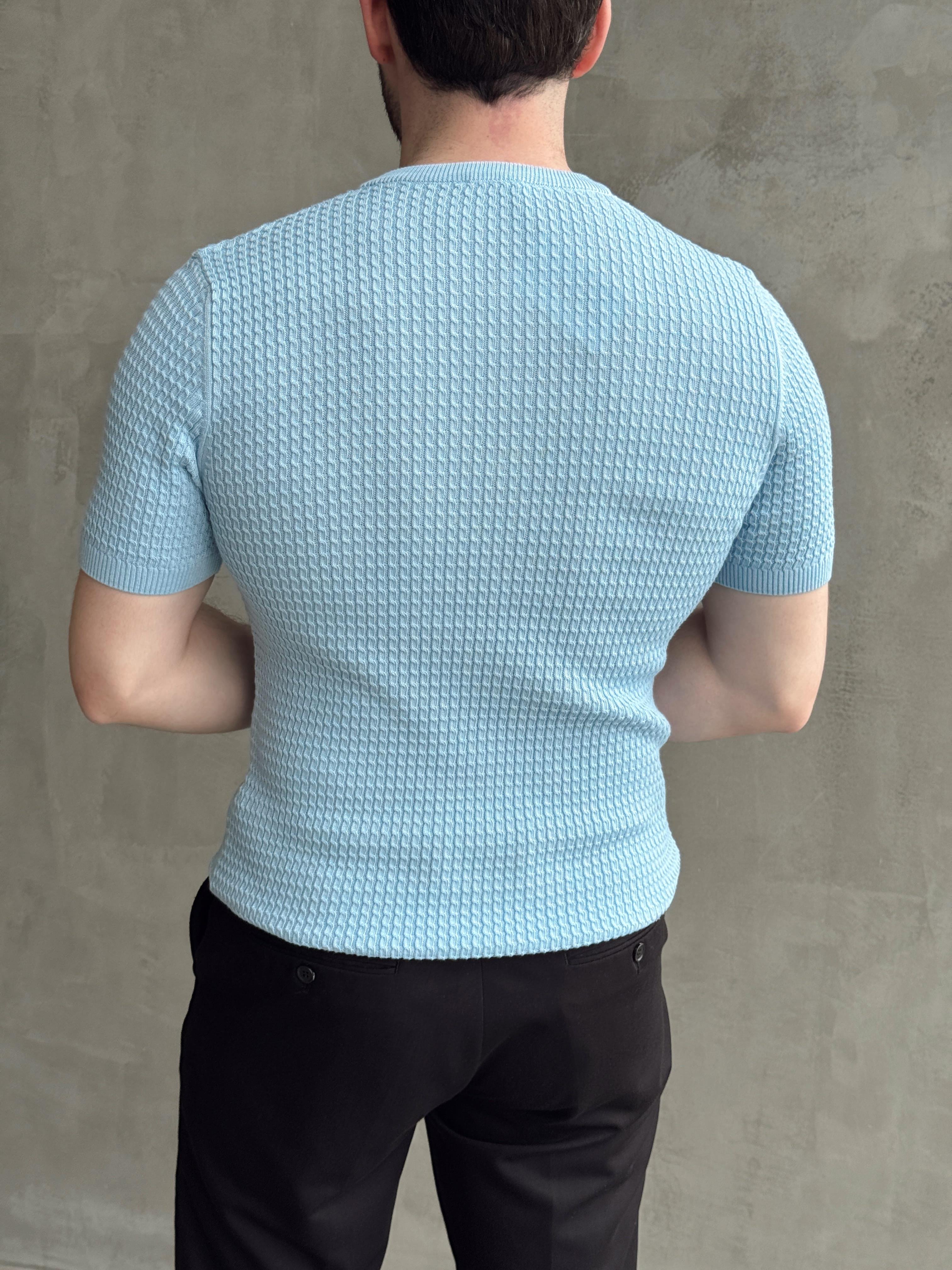 Erkek Elit Kalite Regular Fit Waffle Desenli Pat Yaka Detay Triko T-Shirt-Bebe Mavi(E1681)Ketench