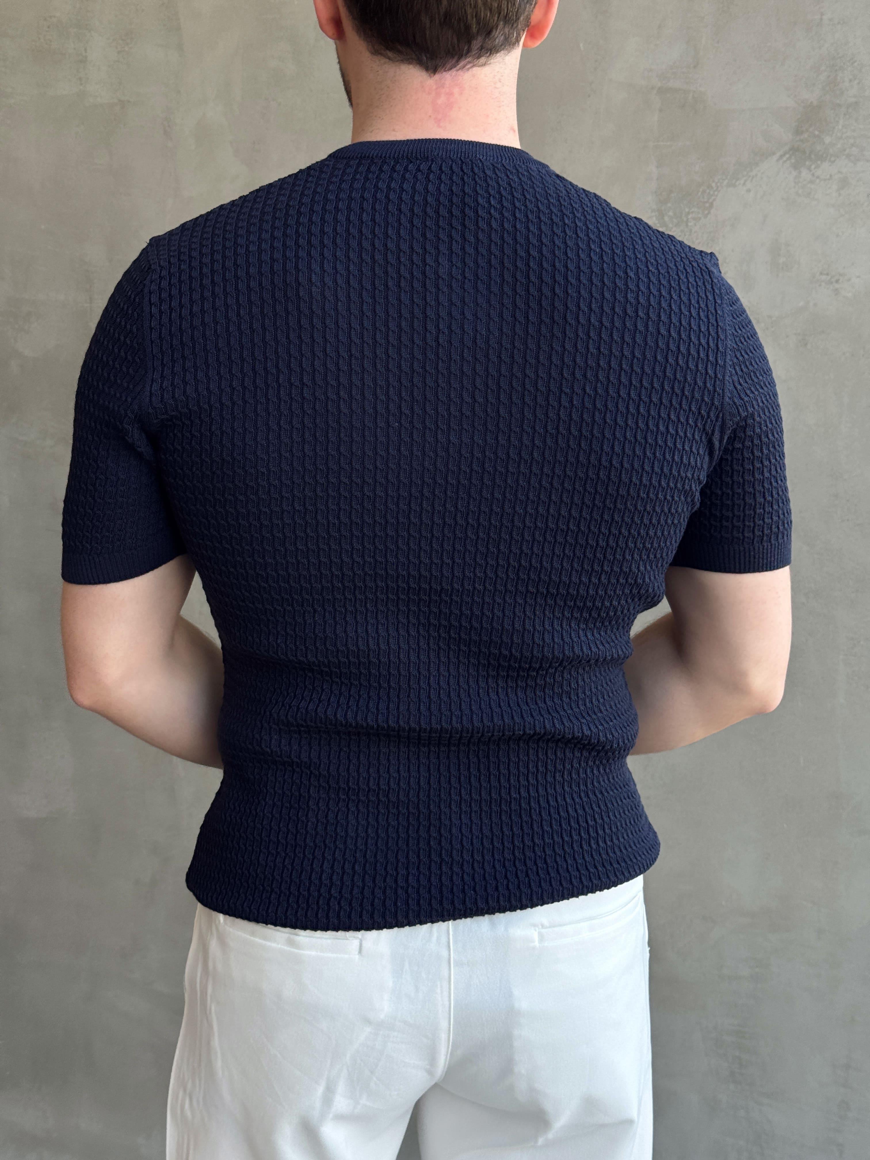 Erkek Elit Kalite Regular Fit Waffle Desenli Pat Yaka Detay Triko T-Shirt-Lacivert(E1681)Ketench