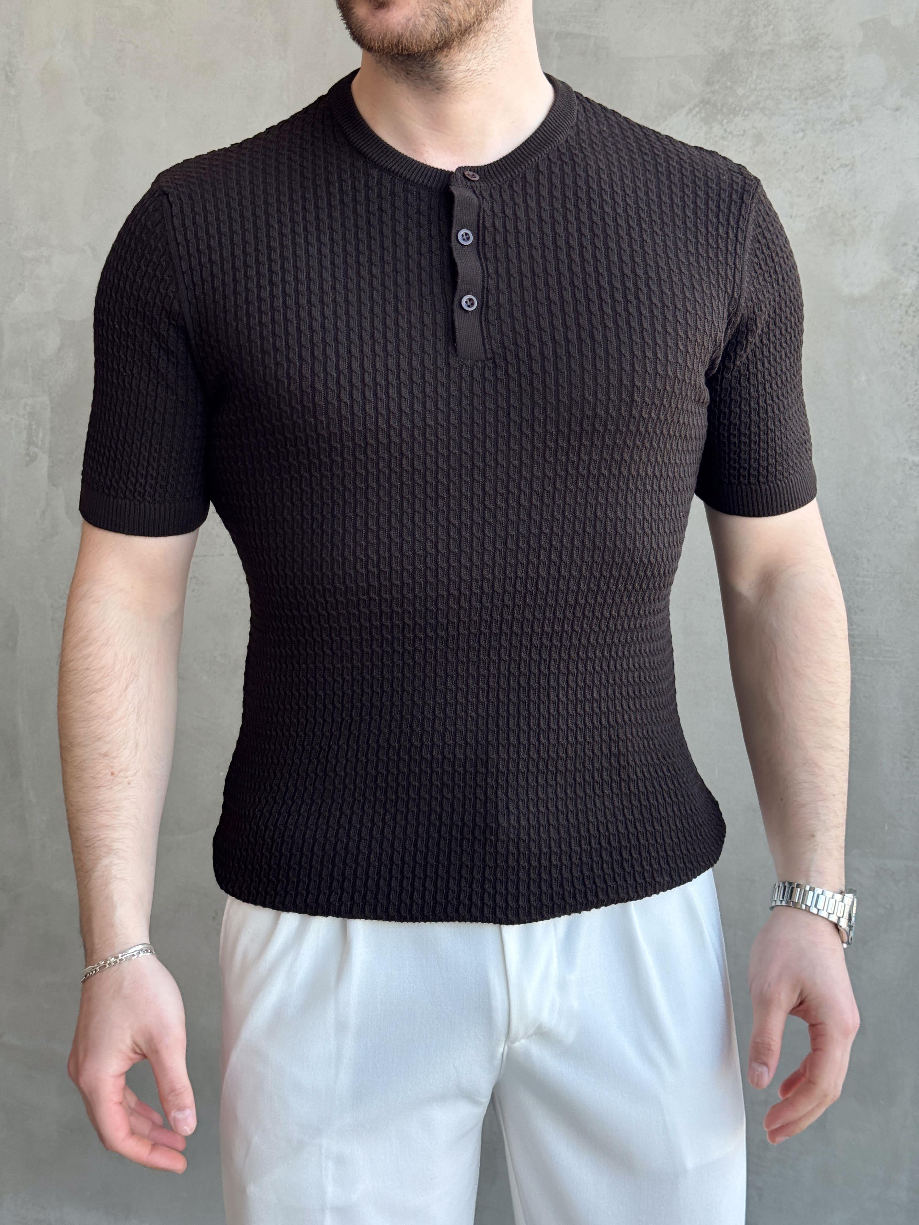 Erkek Elit Kalite Regular Fit Waffle Desenli Pat Yaka Detay Triko T-Shirt-Kahverengi(E1681)Ketench