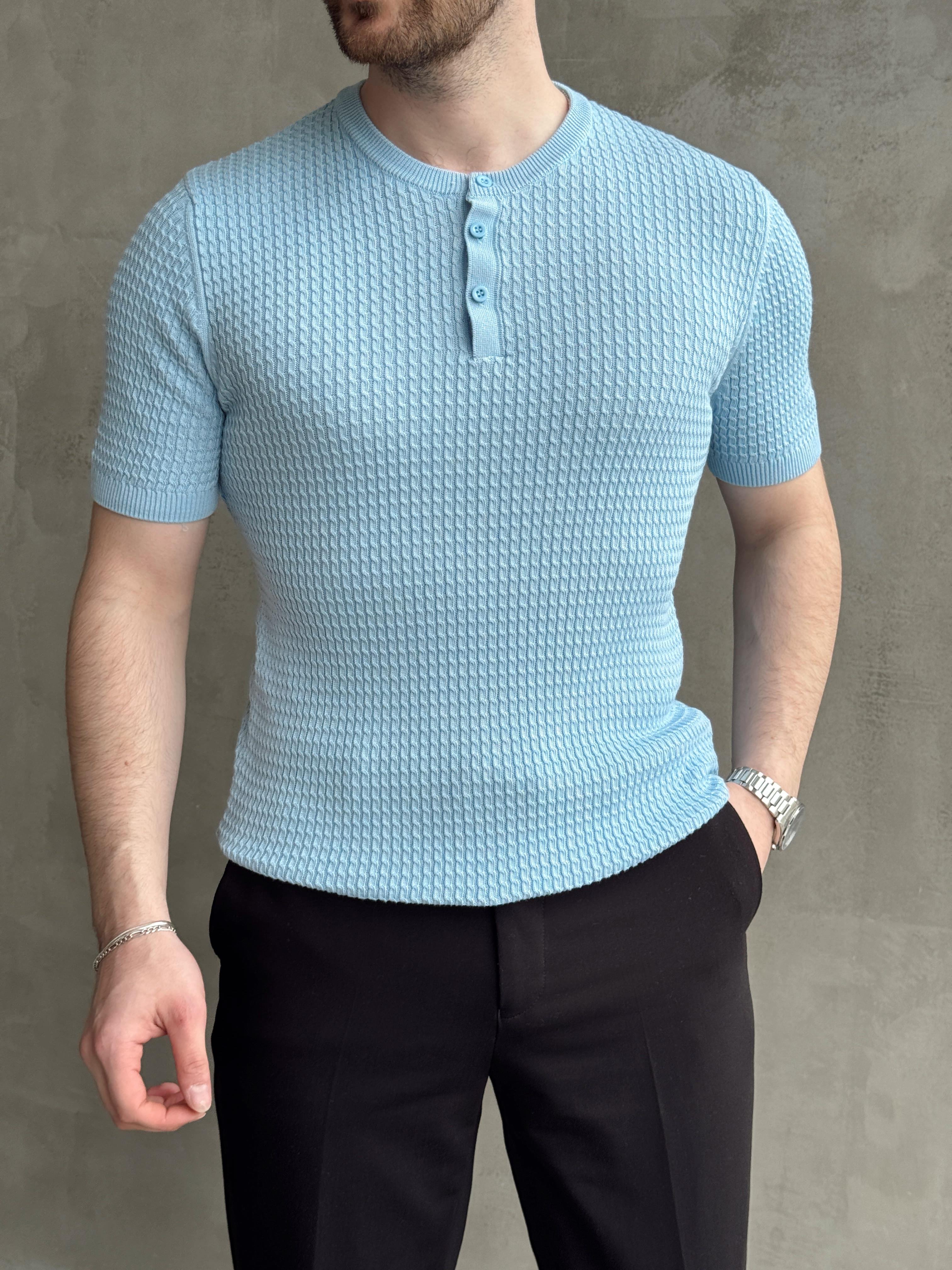 Erkek Elit Kalite Regular Fit Waffle Desenli Pat Yaka Detay Triko T-Shirt-Bebe Mavi(E1681)Ketench