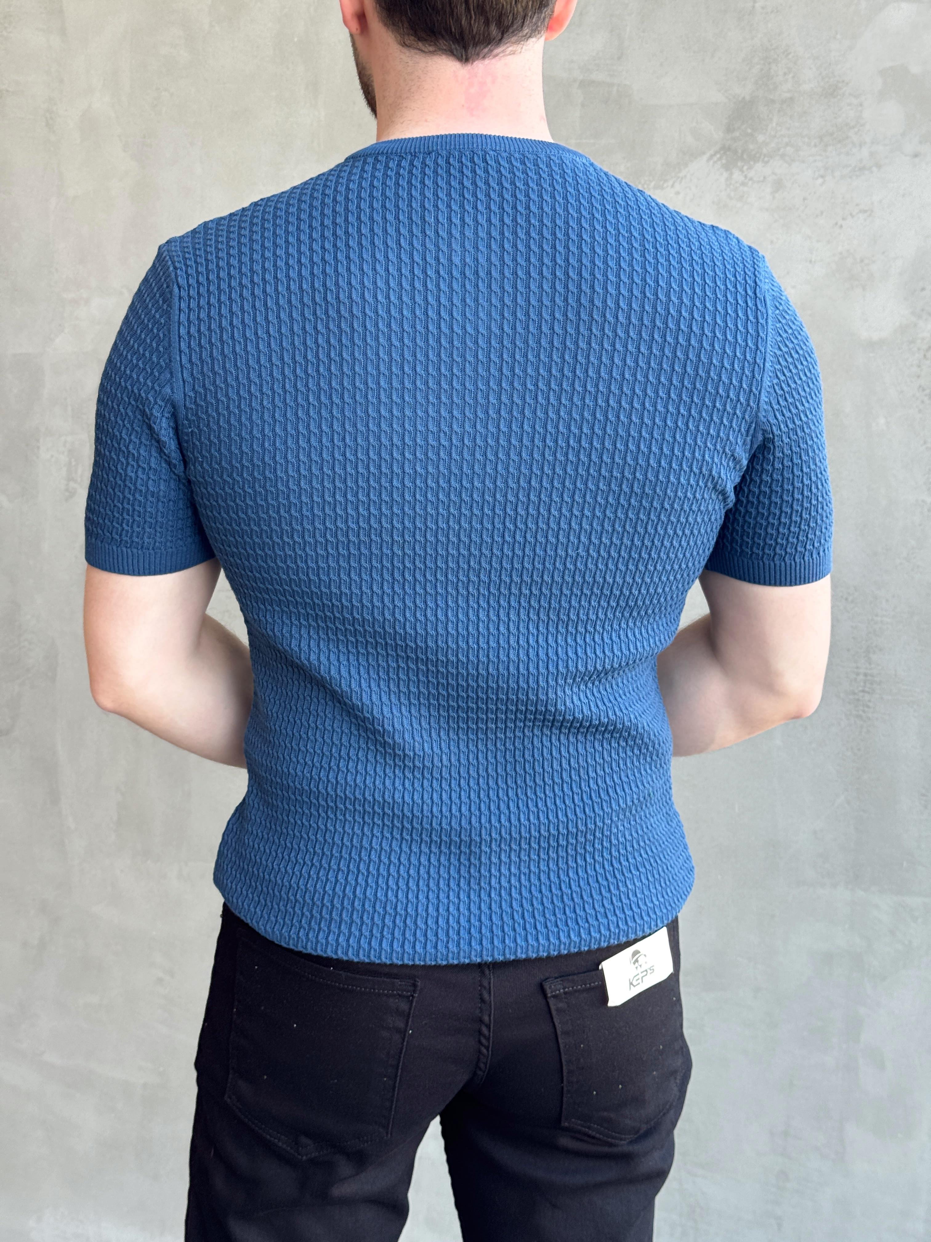 Erkek Elit Kalite Regular Fit Waffle Desenli Pat Yaka Detay Triko T-Shirt-İndigo(E1681)Ketench